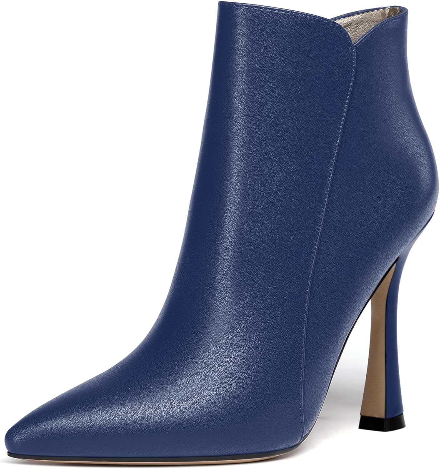 AMBELIGHT Women's High Heel Zip Matte Pointed Toe Wedding Dress 4 Inch Spool Ankle High Solid Boots Navy Blue Size 10.5 - Calzado de Mujer Con Tacones