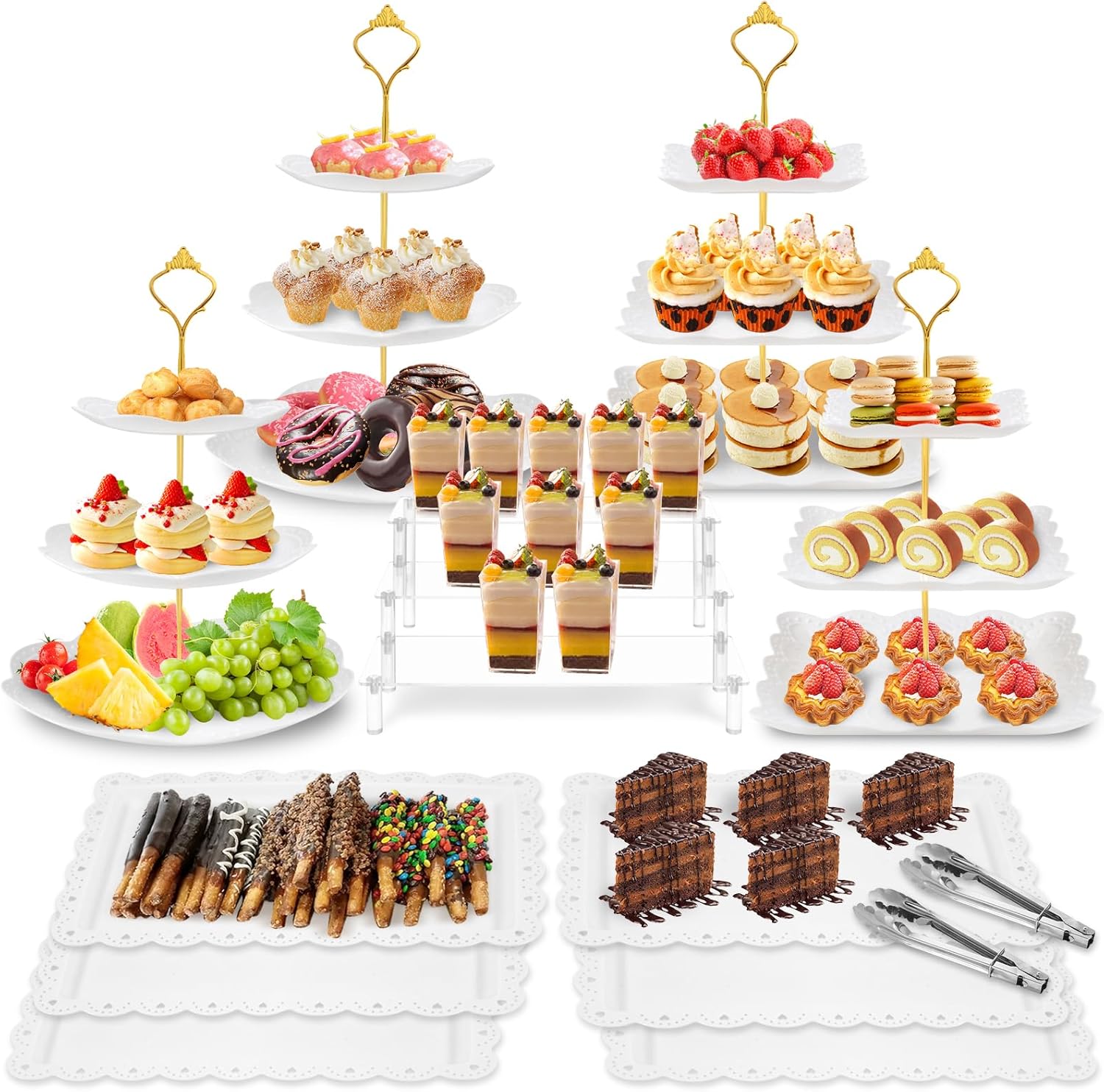 13pcs Dessert Table Display Set, 4pcs Tiered Cupcake Stand Holder Tower, 1pc Acrylic Dessert Display Riser, 6pcs Serving Trays, 2pc Tong Combo For Wedding Party Birthday Bride Baby Shower