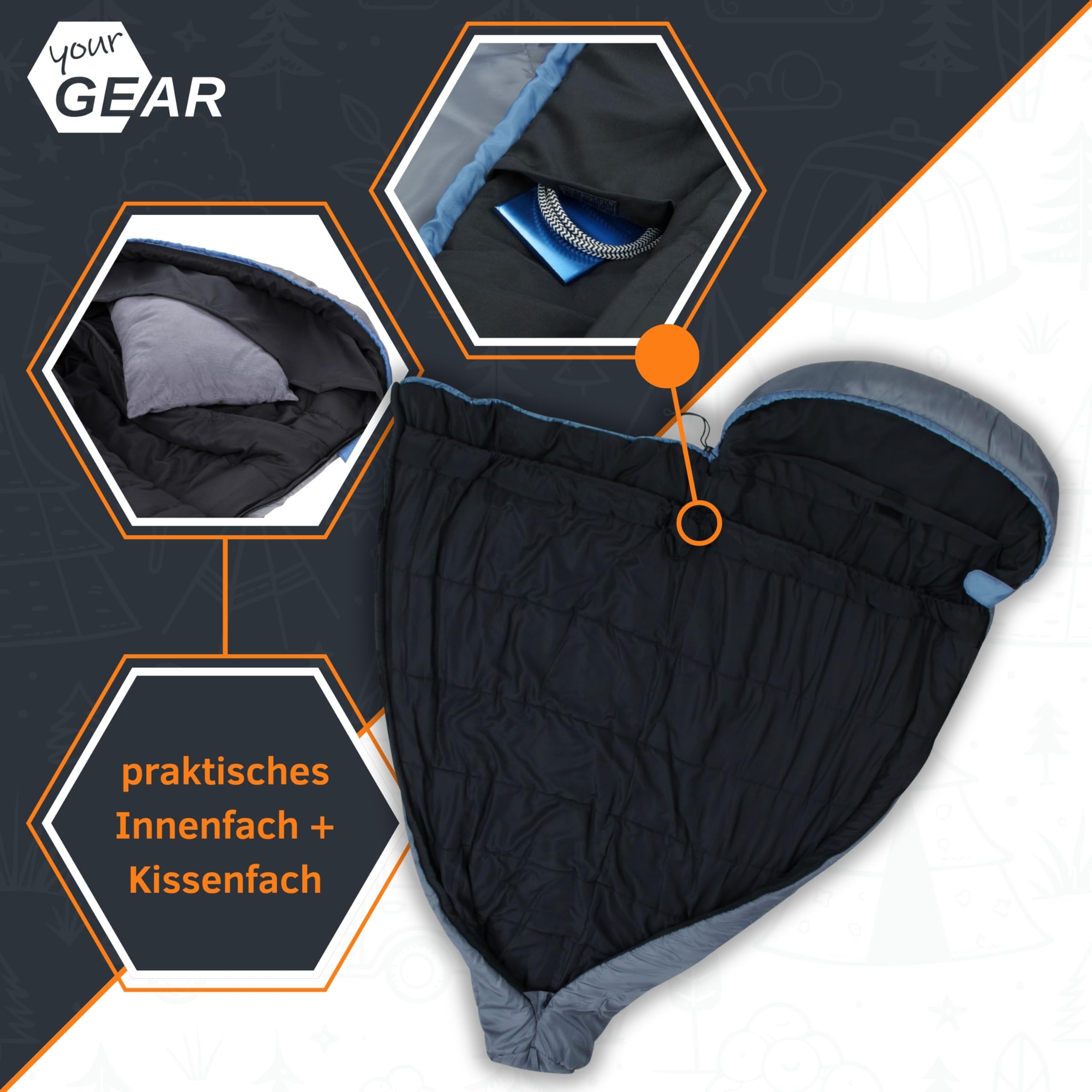 yourGEAR Saco de Dormir Sirocco -18°C Confortable Saco de Dormir para Momias 230x80 cm 3-4 Estaciones Azul Gris Extra