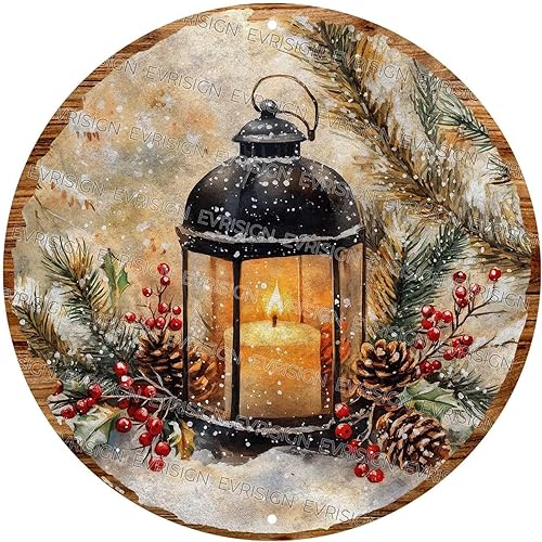 Miniatura 1 de Lámpara de aceite de invierno, letreros de metal redondos con elementos de acebo y bayas, placa de pared rústica para decoración de puerta de