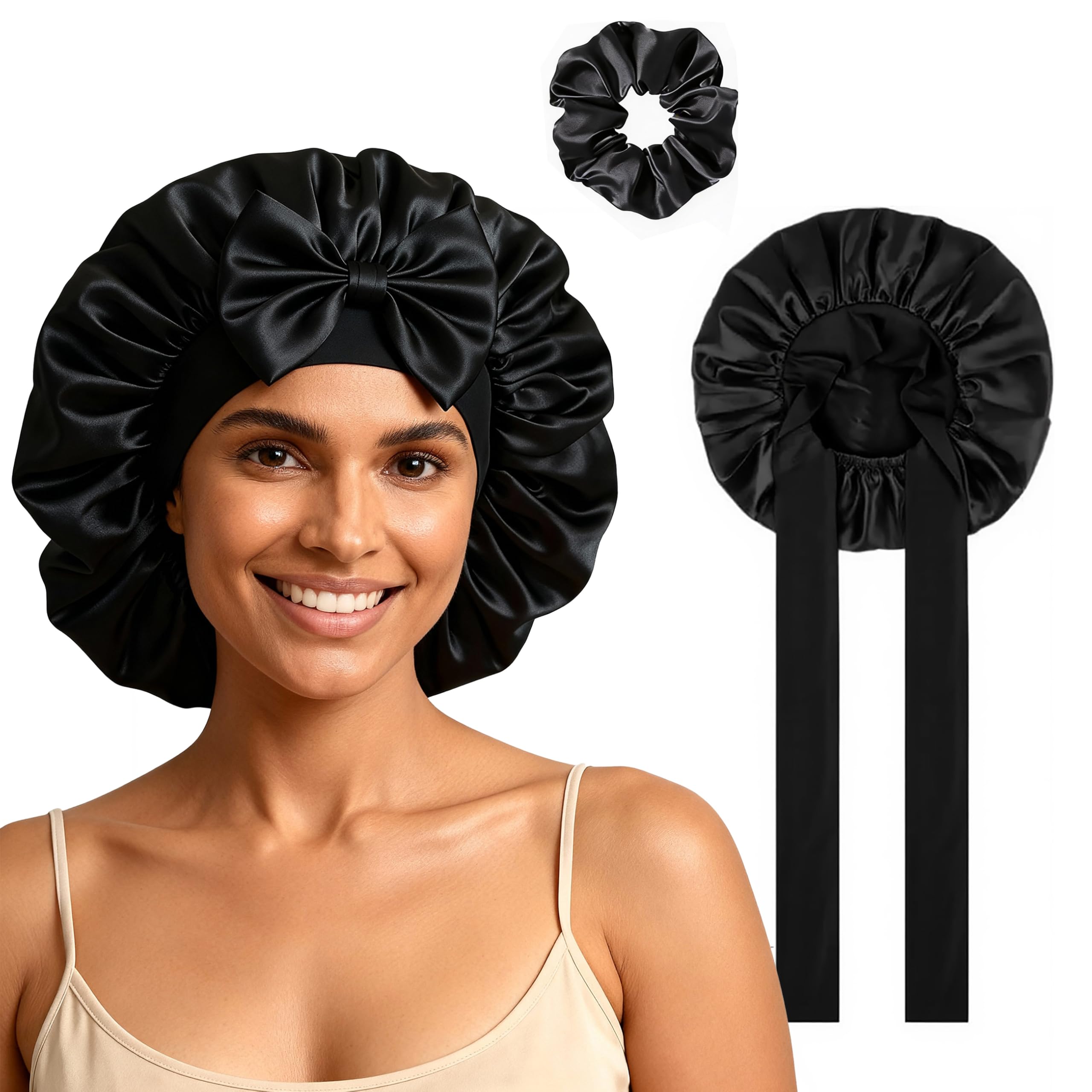Zirva Unisex Galaxy Black Reversible Satin Silk Bonnet For Sleeping With Scrunchie, Hair Bonnet For Women, Double-Layer Silk Hair Wrap For Curly Hair, Adjustable Satin Hair Bonnet For Sleeping