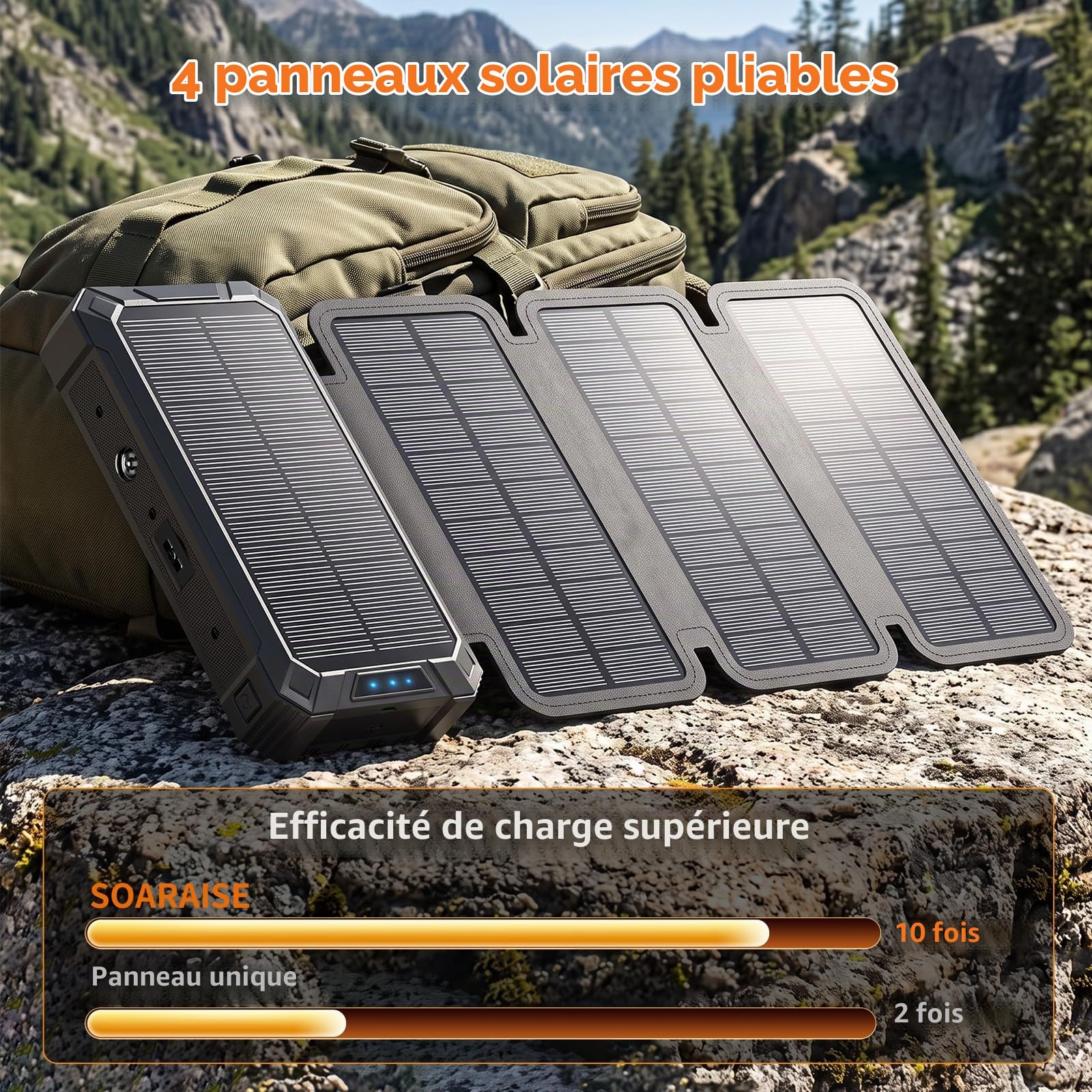 Batterie Externe Solaire 63000mAh chargeur portable sans fil avec 4 câbles, PD QC 3.0 chargement rapide, lampes à poche pour camping