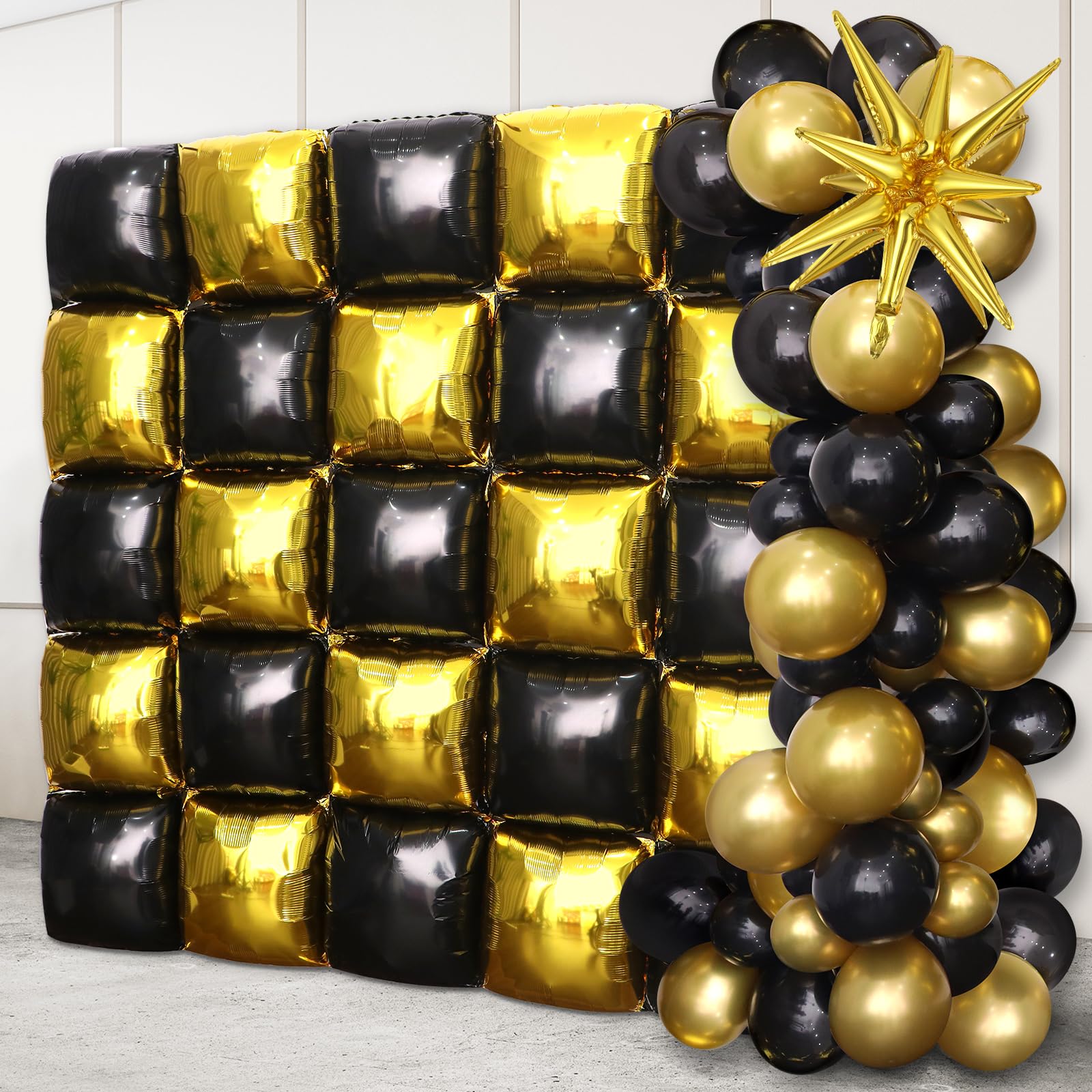 ojustbeok 66pcs Black Gold Flat Square Foil Balloon Wall Backdrop Metallic Double Sided Balloon Garland Kit Background Tunnel Arch for Graduation