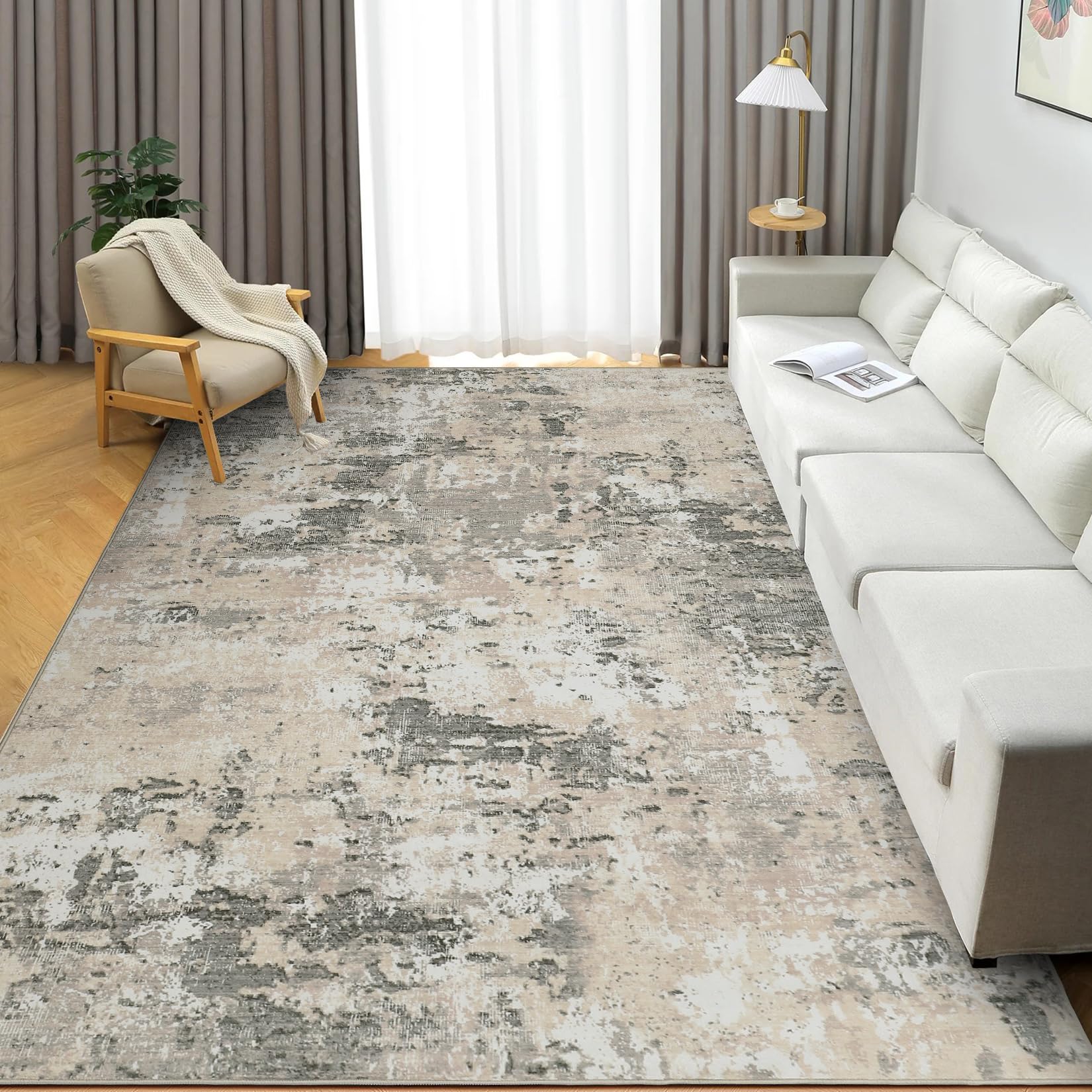 CAROMIO Abstract Modern Area Rug 160x230 cm, Machine Washable Living Room Rug, Non-Slip Low Pile Carpet for Dining Room, Lounge, Home Office, Grey Yellow