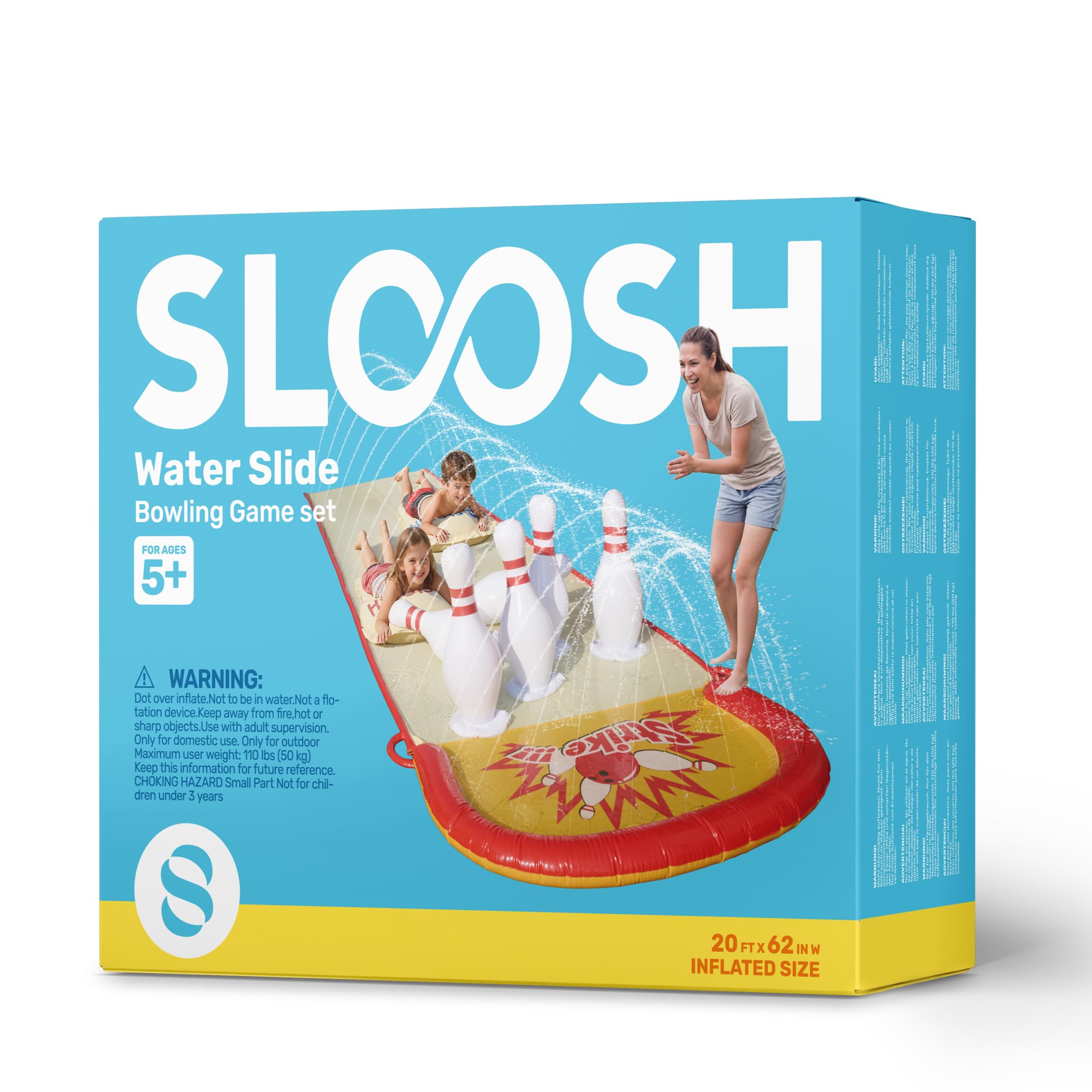 Sloosh Tobogán acuático de jardín de 6,7 m (22 pies) con Juego de Bolos inflables, Doble Carril con aspersores, tobogán para césped para divertirse al Aire Libre