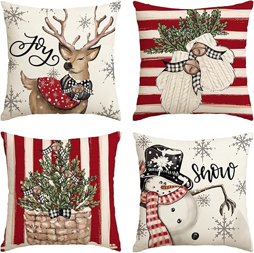 Miniatura 1 de AVOIN colorlife Juego de 4 fundas de almohada de Navidad, muñeco de nieve, reno, eucalipto, color rojo, 20 x 20 pulgadas, diseño de rayas de