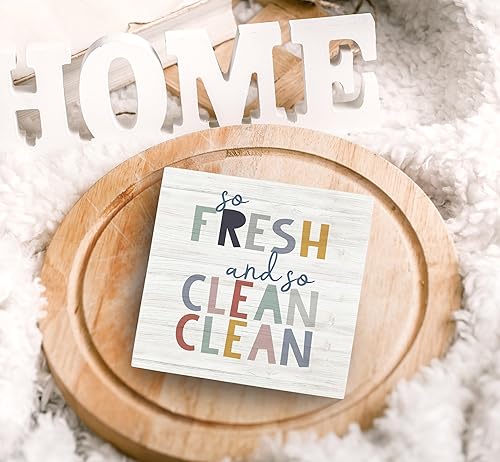 Miniatura 5 de SRADMO Letrero de madera con texto en inglés So Fresh So Clean para decoración de escritorio, caja de madera divertida para baño, caja de madera
