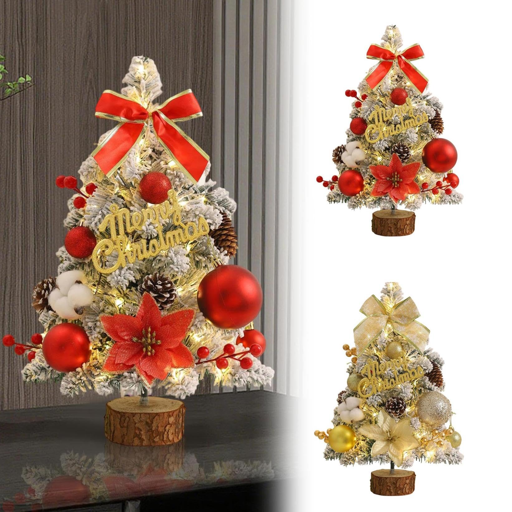 Mini sapin de Noël floqué avec lumières, petit sapin de Noël de table de 45 cm avec ornements, arbre de Noël de table fait main pour décoration de sapin de Noël (rouge)