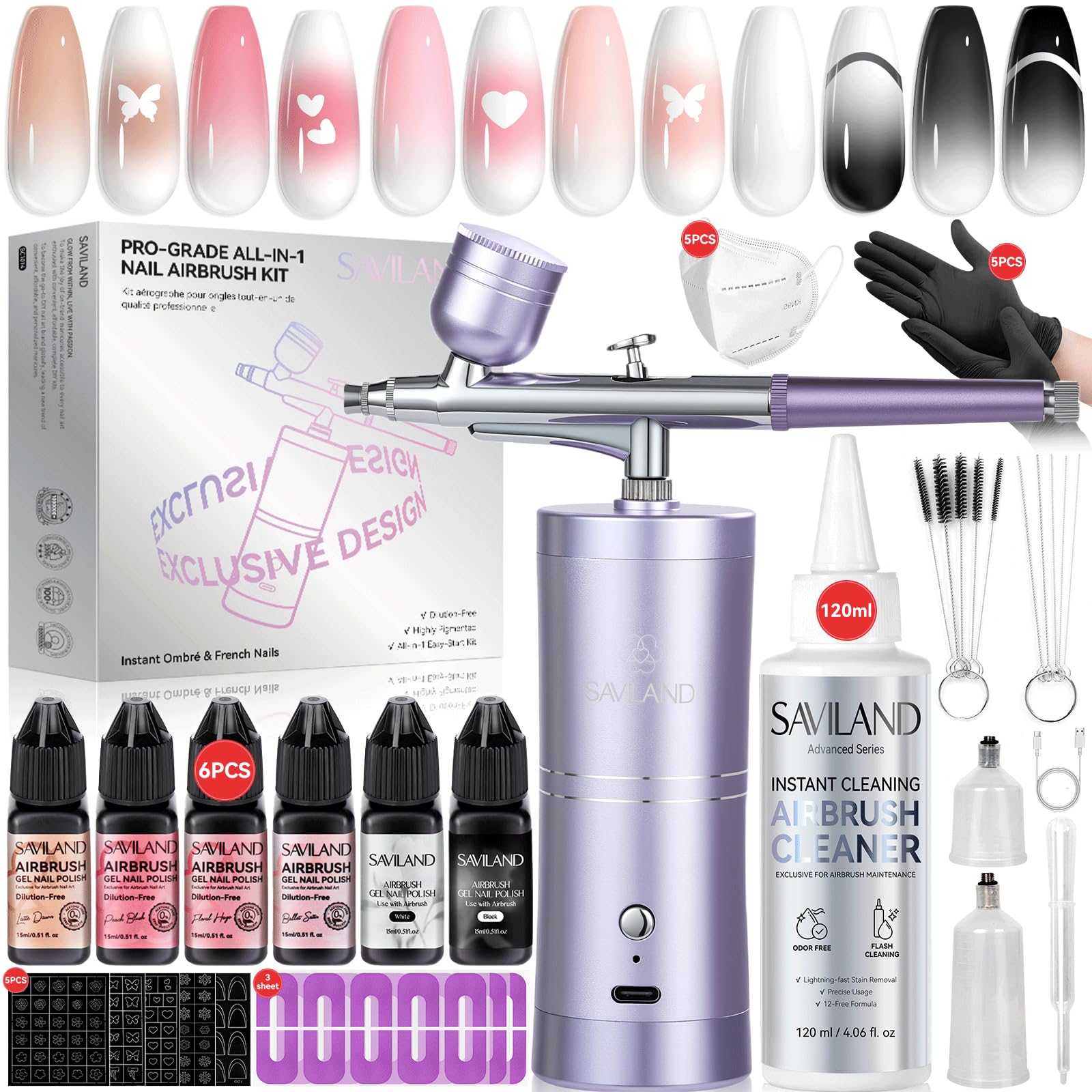 SAVILAND Advanced Airbrush Set: Instant Ombre & French Nails Airbrush für Nägel Instant Color Dual Mode Nagel Airbrush Maschine mit 6 Airbrush Gel Nagellack Set Airbrush Reiniger Schablonen Salon