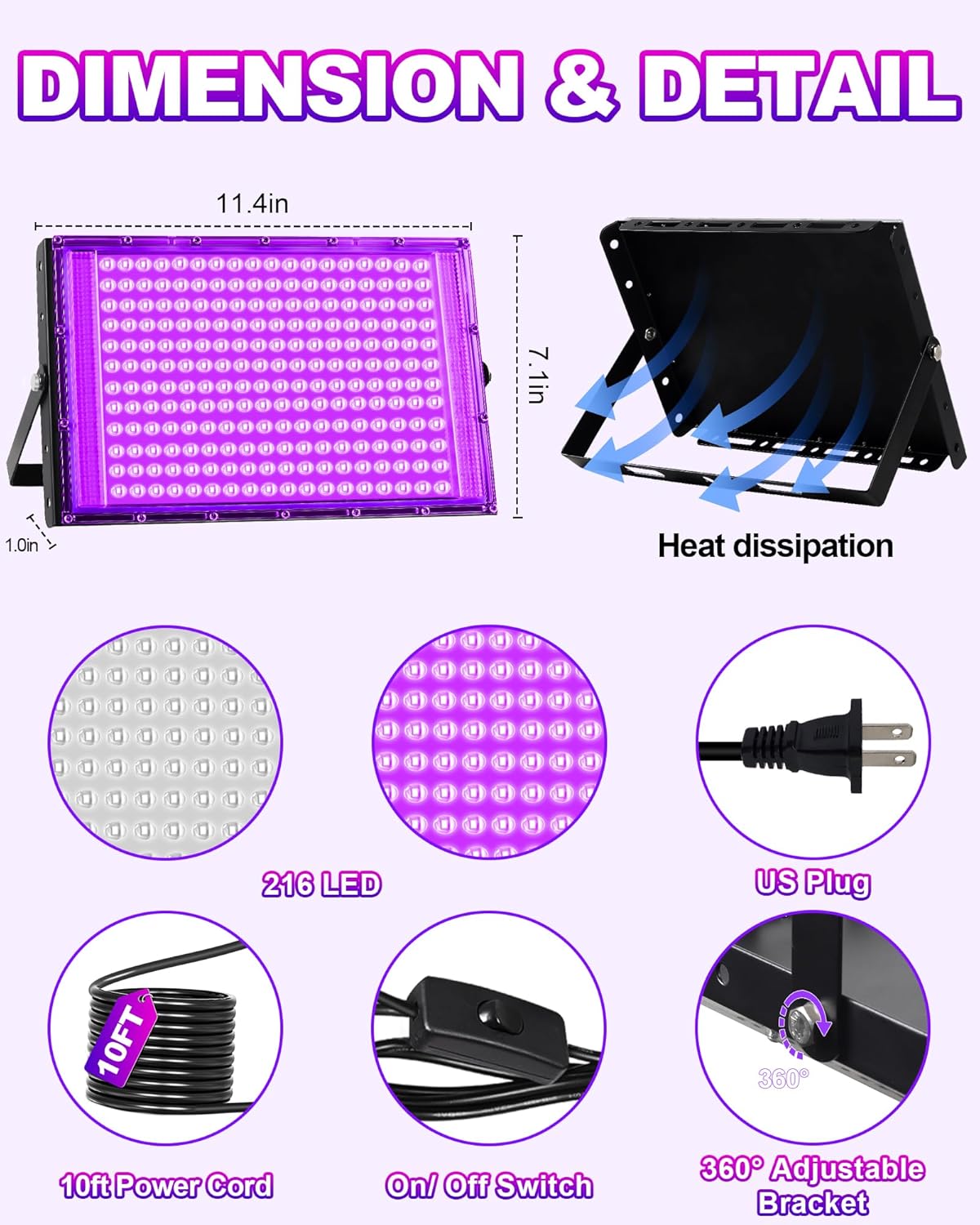 200W 2 Pack Black Light IP66 Waterproof with Switch + Plug + 10FT Cord, Outdoor LED Blacklights for Neon Glow Party, Body Paint, Fluorescent Party, Stage, Halloween