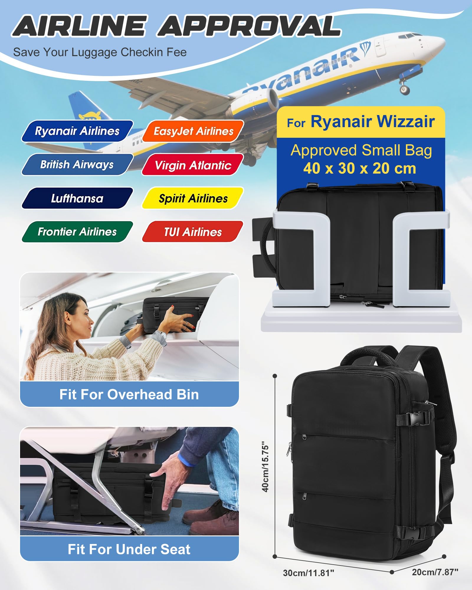 SEAFEW Sac à dos sous vide de voyage avec pompe pour Ryanair 40x30x20, Sac À Main Bagage Cabine Avion para Easyjet, sac à dos décontracté pour ordinateur portable,Sac de Voyage pour Week-End,H01-noir