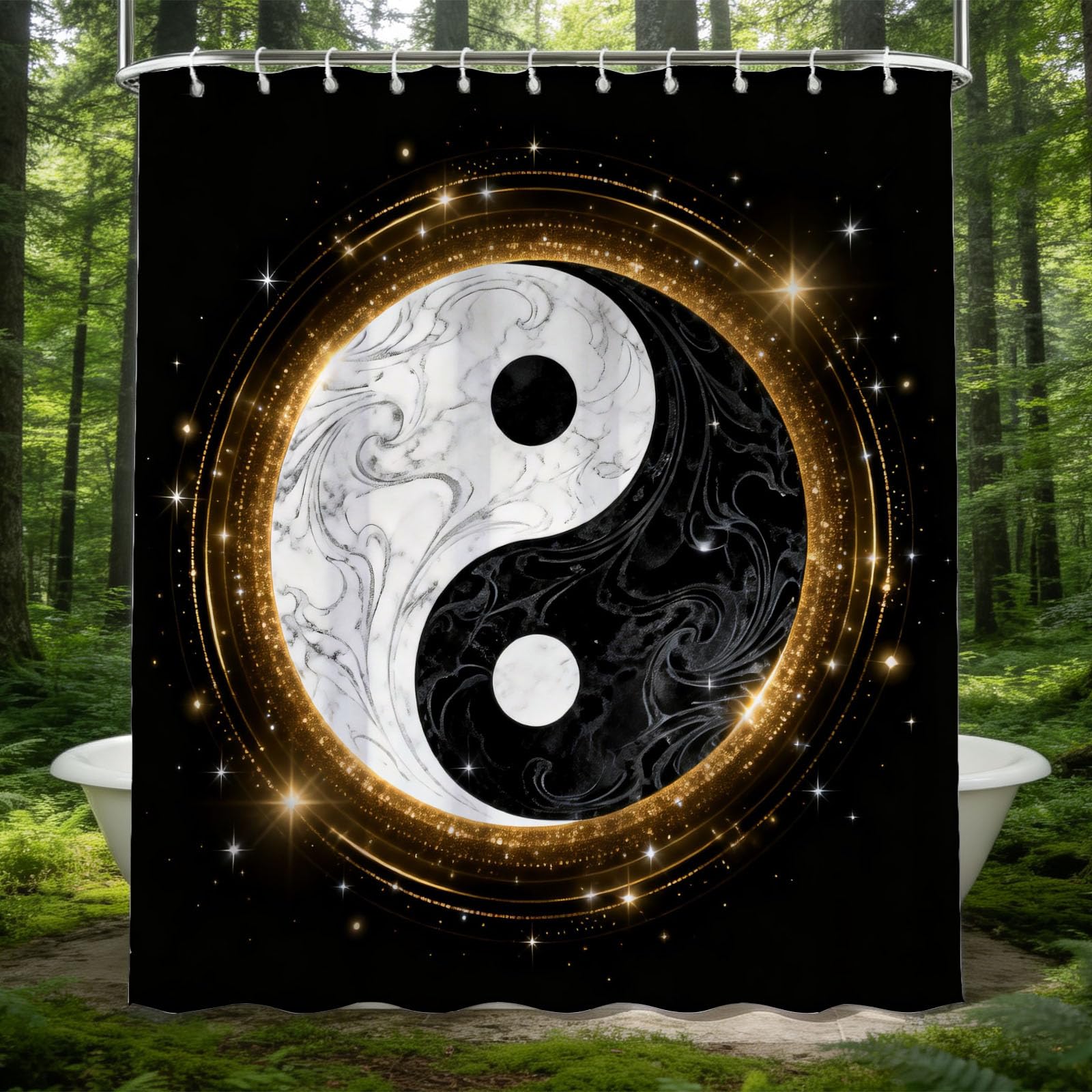Hongduo White 3D Yin Yang Shower Curtain For Stalls Bathtubs Mystical Bathroom Decor Shower Curtain Set Polyester Fabric Waterproof 180X200cm/71X79 Inch With Hooks