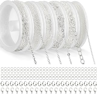 Draupnir 14m 6 Roll Silver Chain, Chains for Jewellery Making Kit, Craft Links Supplies Findings with Lobster Clasps, Jump Ring and U Rings for DIY Chain Jewellery Making