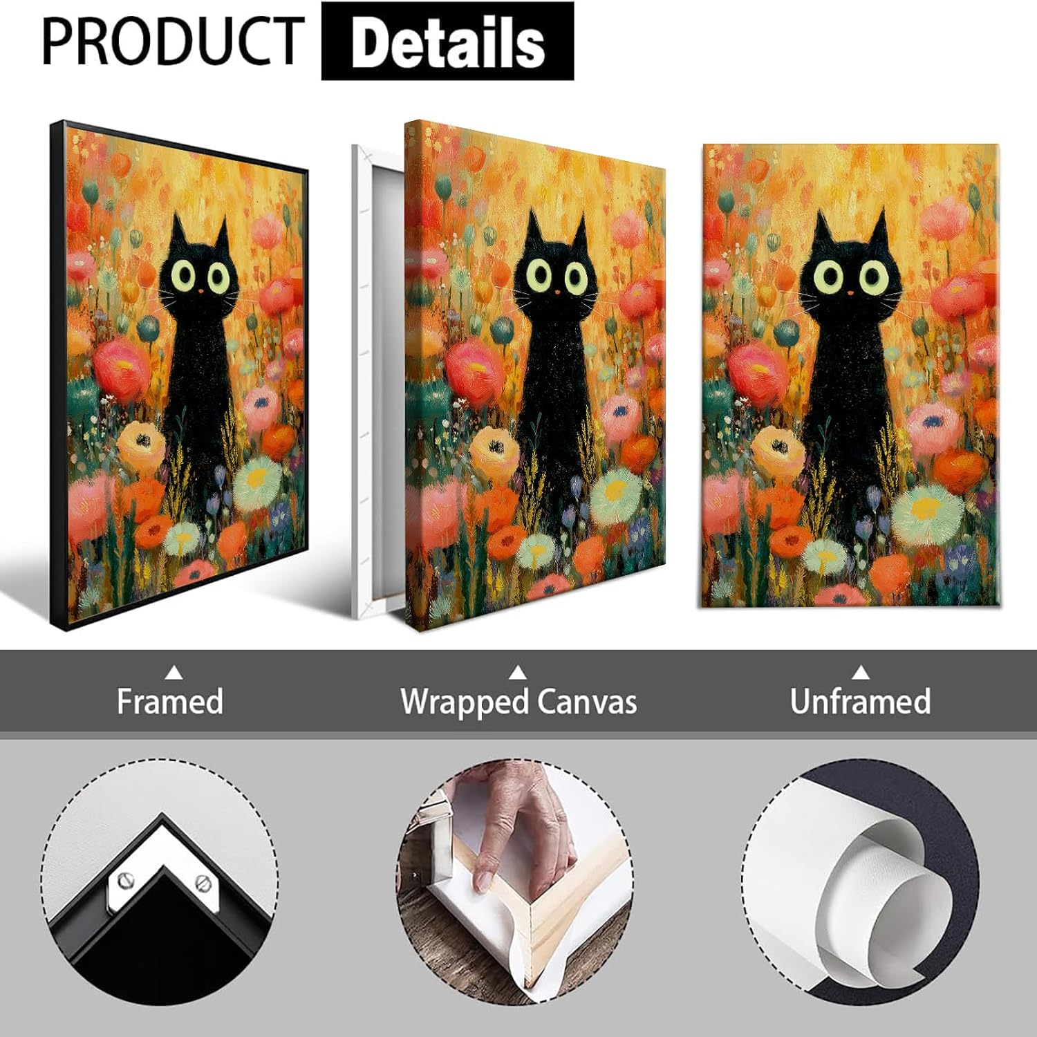 Framed Trendy Midnight Bloom Cat Canvas Posters Colorful Garden Black Cats Wall Art Rustic Fields Floral Botanical Prints Painting For Living Room Bedroom Dorm Wall Decor 8x12in