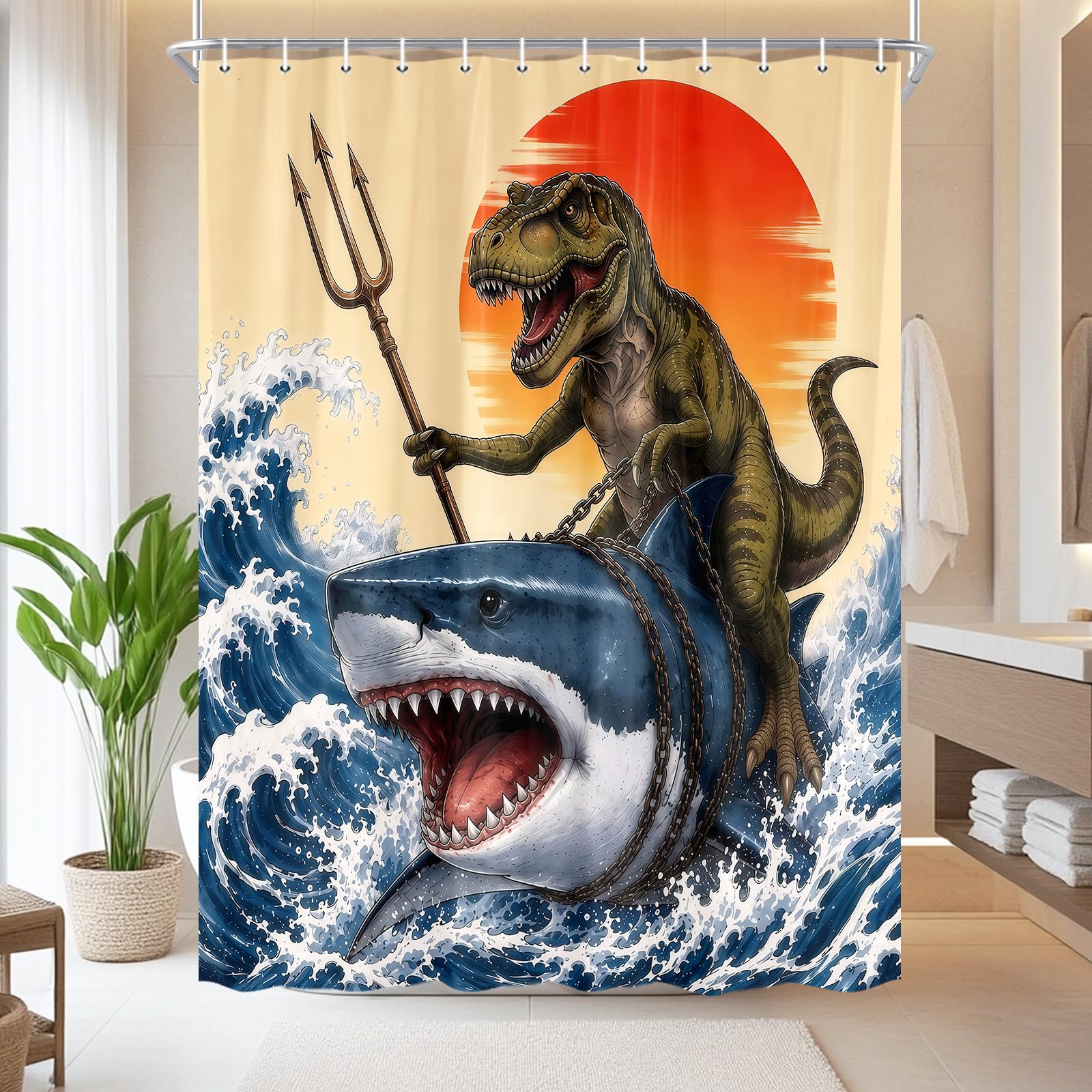 Boziqr Funny Dinosaur Shower Curtain, Cool Dinosaur Shark Ocean Wave Decor Fabric Bathroom Curtains, Fun Animals Fabric Bath Curtain with 12 Hooks 48 X 70 Inch