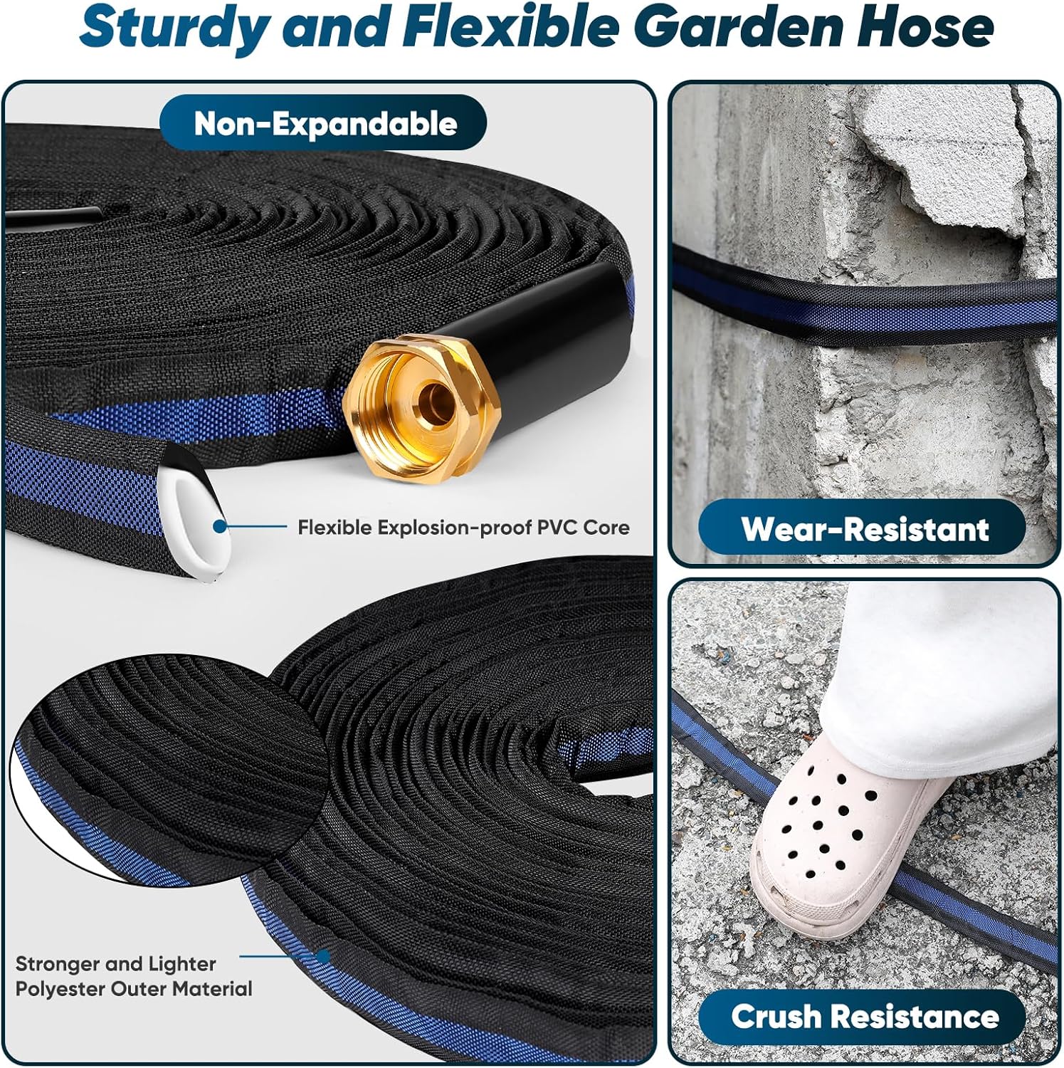 Toolasin Garden Hose 100ft, Non-Expanding, Lightweight, Leak-Proof Metal interface, No-Knots, Portable, Wear-Resistant, Sturdy, Flexible, Water Hose for Yard, Garden, Black Dark Blue