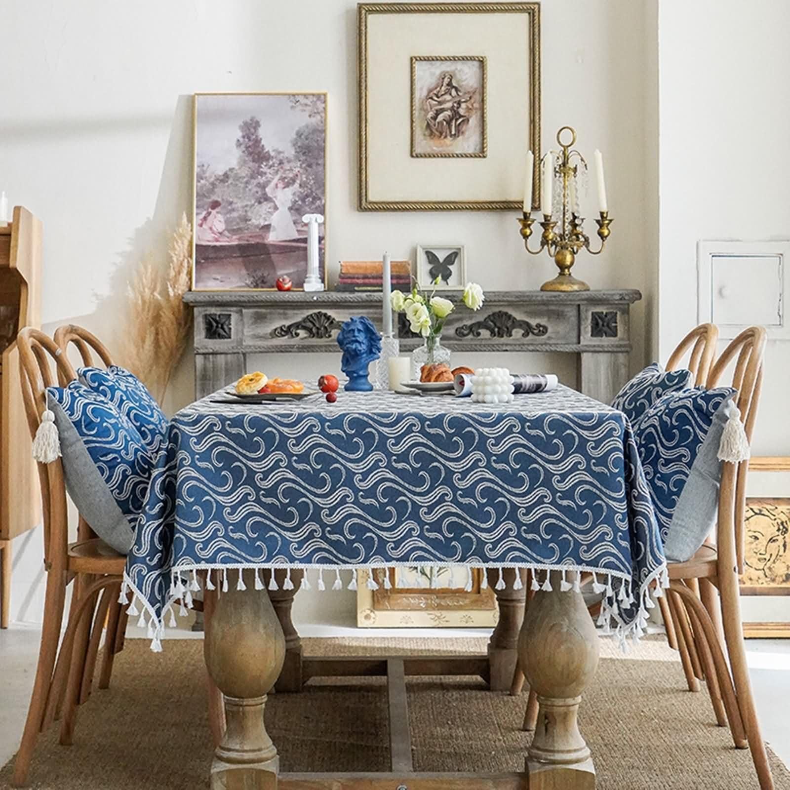 Mantel Antimanchas Rectangular Azul Marino para Terraza, Patrón de Geométrico con Borlas, de Algodón y Lino Elegante, 135 x 200 cm, Mantel para Mesa de Centro