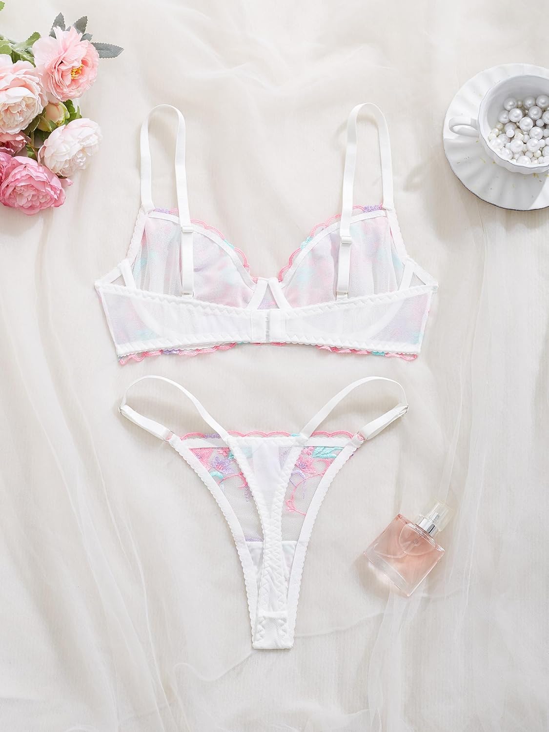 Floral Women Bra and Panty Sets Sexy Two Piece Underwire Embroidered Flower Mesh Underwire Push Up Lingerie Set - Image 2