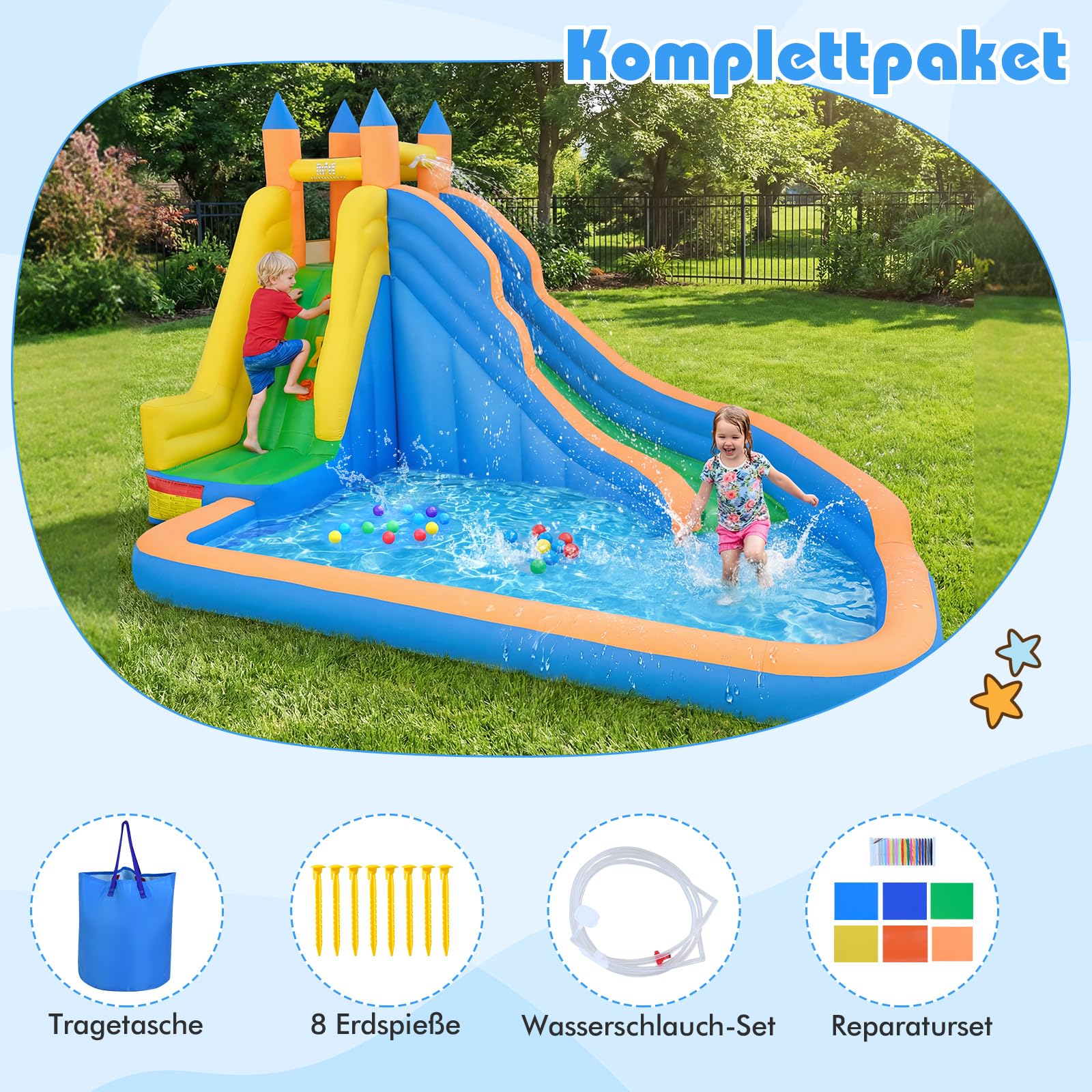 COSTWAY Hüpfburg mit Rutsche, Kletterwand & Planschbecken, Wasserhüpfburg für Kinder ab 3 Jahren, Wasserpark für Außenbereich, 400 x 309 x 245 cm
