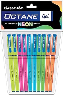 Classmate Octane Neon- नीला जेल पेन (10 का पैक) | स्मूद राइटिंग पेन | स्मज-फ्री राइटिंग के लिए वाटर-प्रूफ इंक | आकर्षक नियॉन बॉडी कलर्स|परीक्षा और क्लास नोट्स के लिए छात्रों द्वारा पसंदीदा