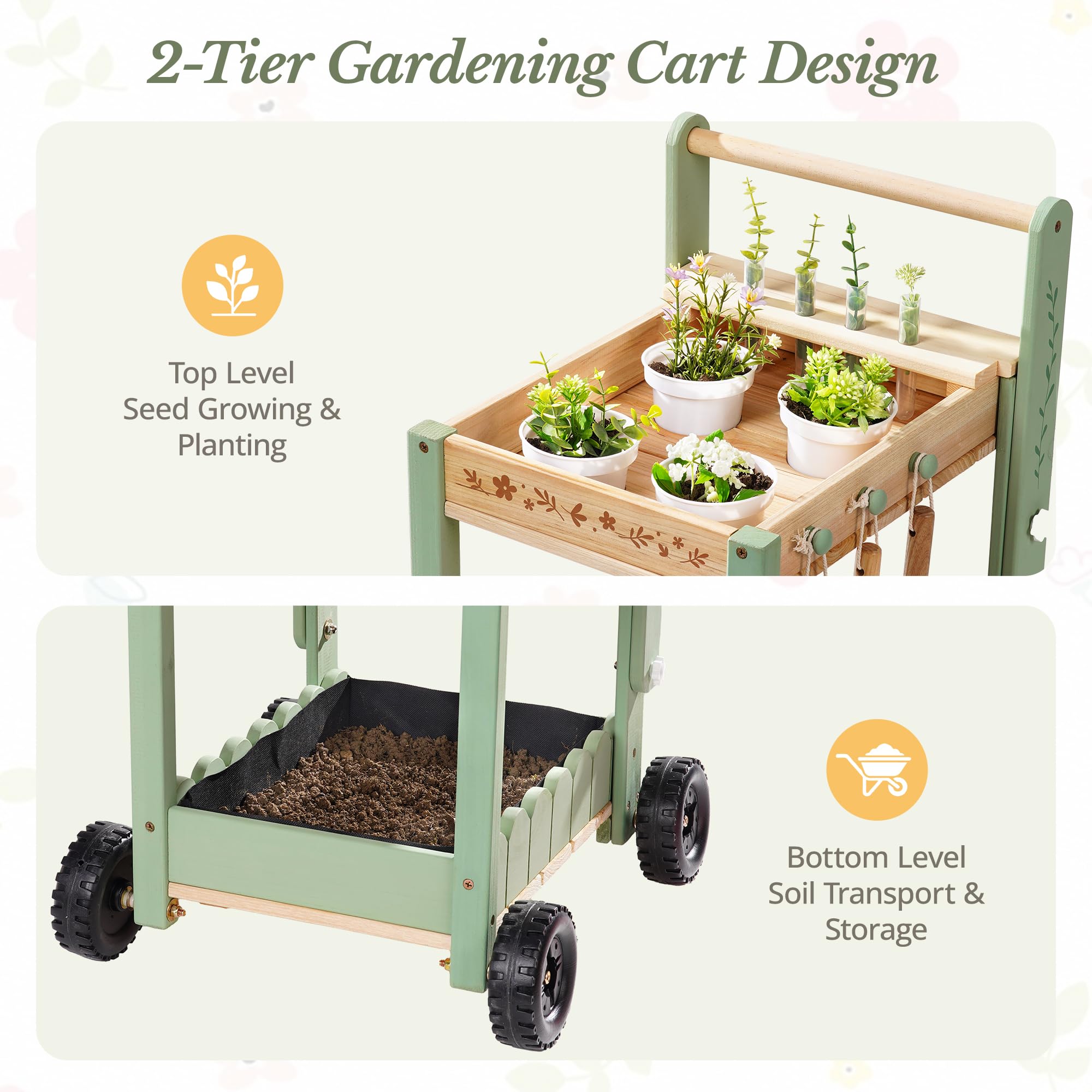 ROBOTIME Carrello da giardino in legno per bambini, con 4 bicchieri e 4 provette idroponiche, annaffiatoio, 3 attrezzi da giardino, etichette per piante e schede di registro per piante, a partire dai