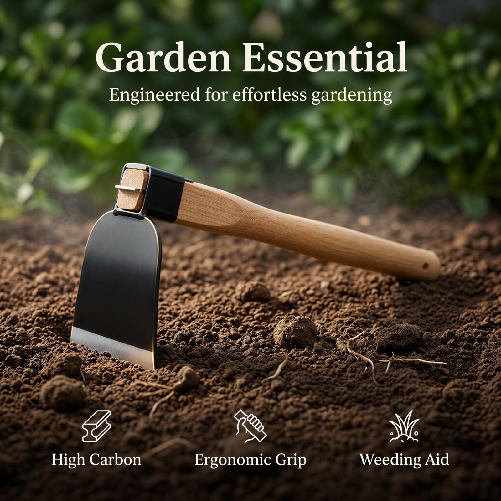 Azada de jardinería, herramienta de jardín resistente de 15.2 in / 38,5 cm con cabeza ancha de acero de alto carbono, mango de madera de roble macizo, azada para excavar, plantar, desmalezar