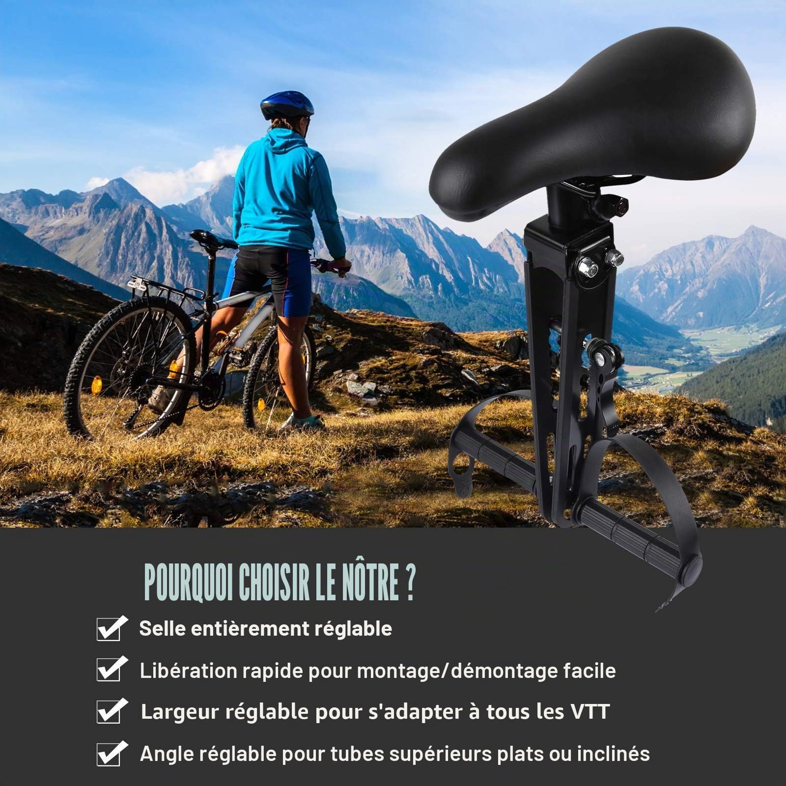 Siège de vélo de montagne amovible pour enfants de 2 à 5 ans, compatible avec tous les adultes VTT (siège et poignée)