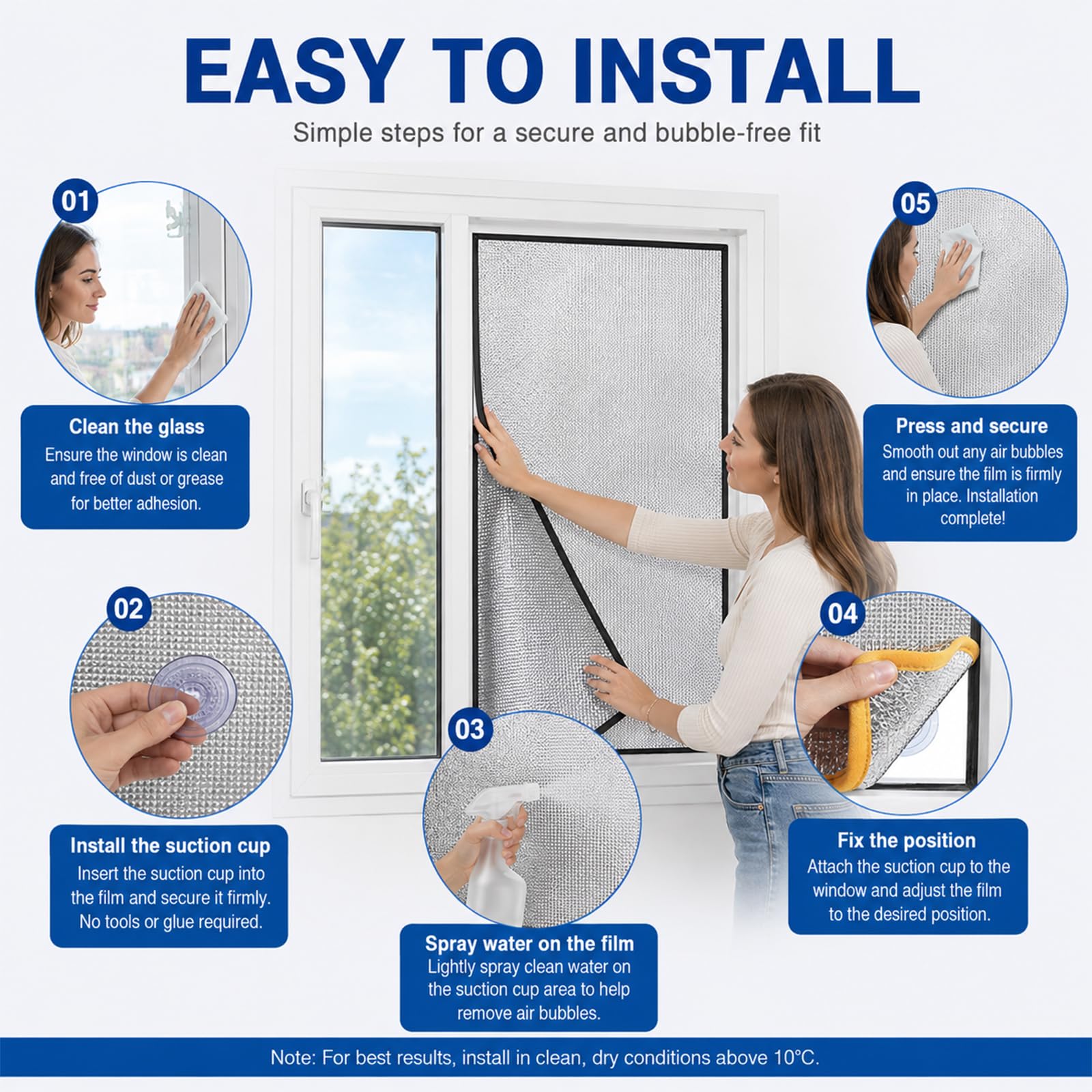 Fenster Isolierfolie Doppelseitig Aluminium mit Saugnäpfen 9mm Dick Thermofolie Sonnenschutz Verdunkelungsfolie gegen Hitze Sommer Wohnmobil Dachfenster Silber Silver 50 * 110cm