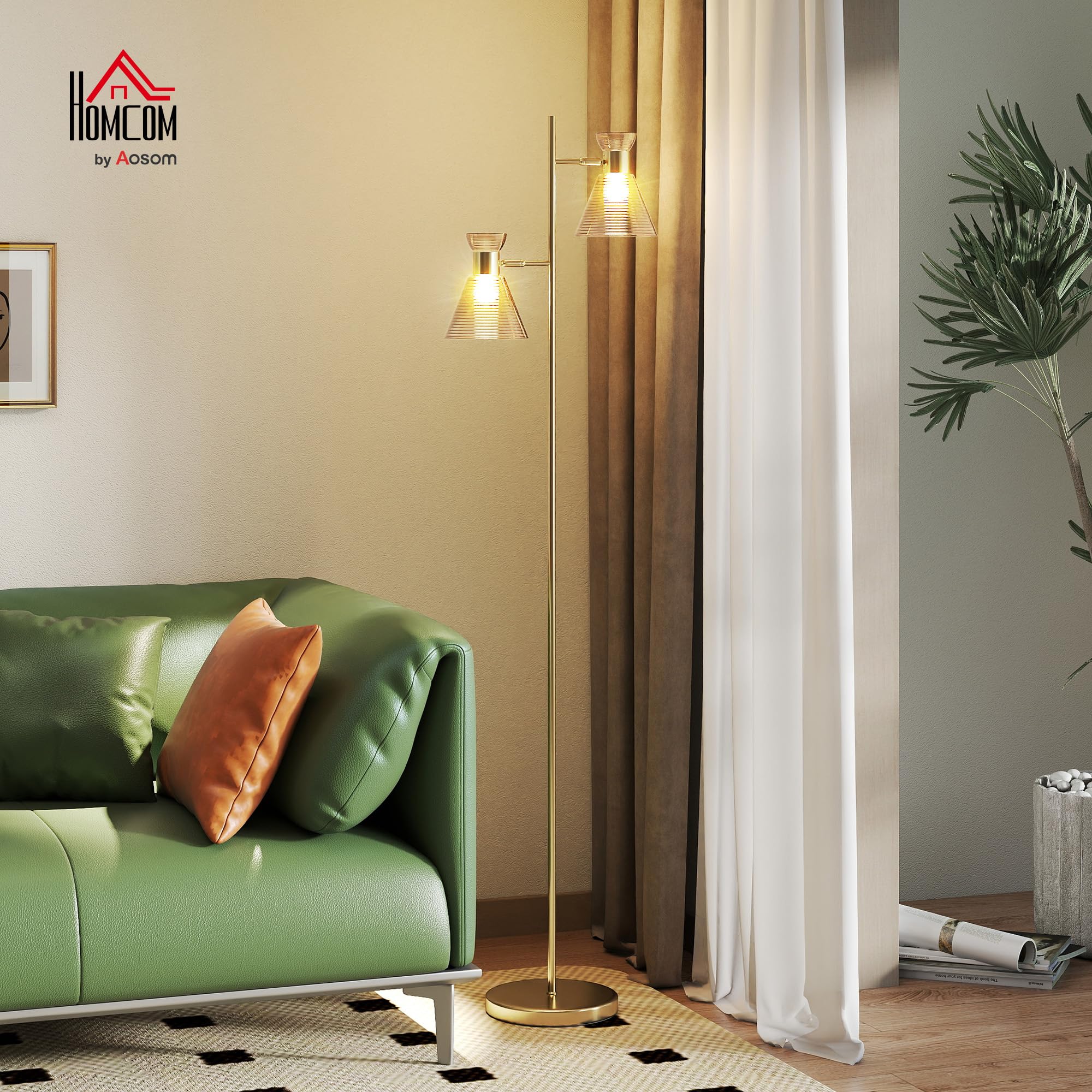 HOMCOM Lampada da Terra 2 Punti Luce Regolabili Basamento Color Oro | Paralumi in Vetro a Fiore, Attacco E27, Interruttore a Pedale