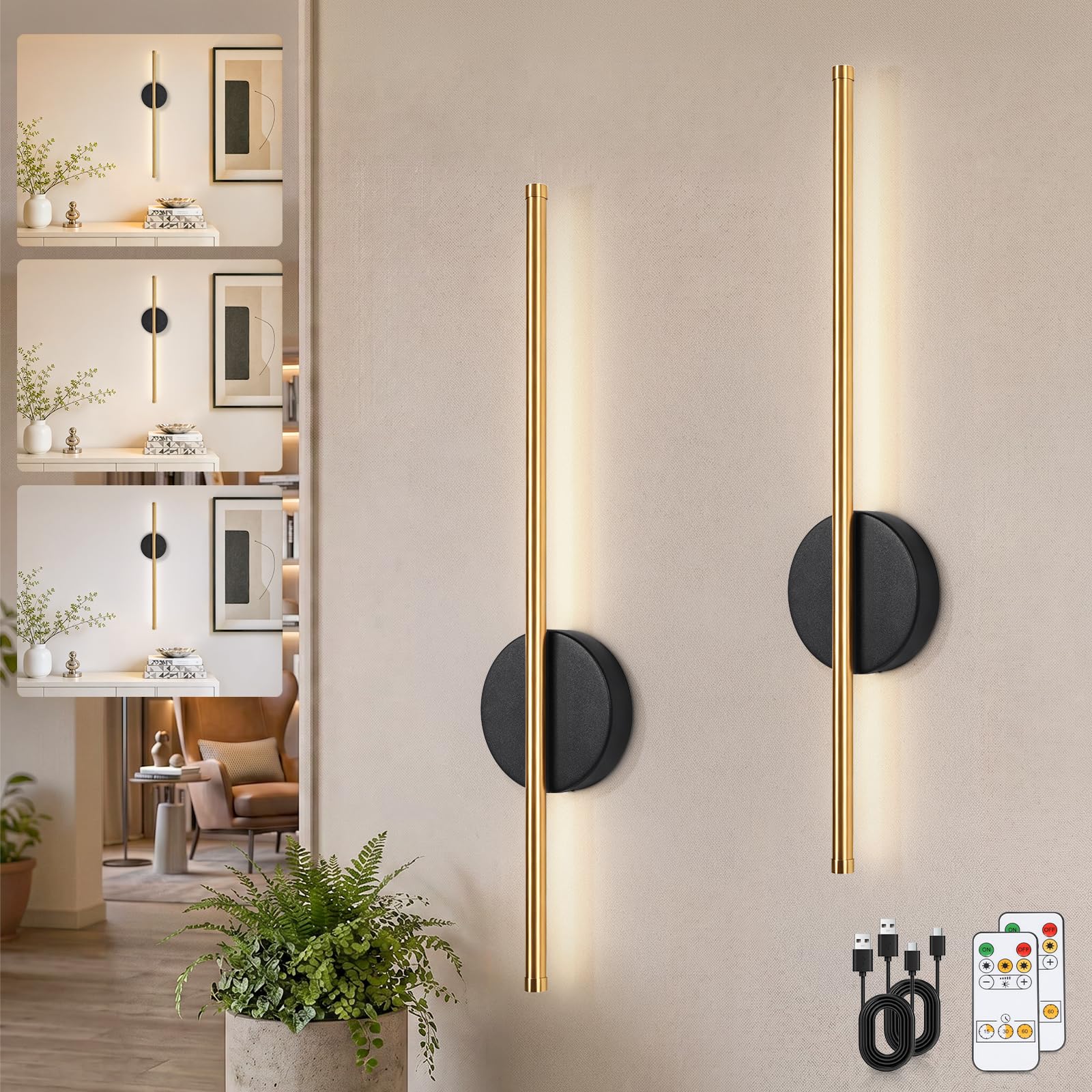 Kimjo 60cm Battery Operated Wall Lights, Rechargeable Wall Lamps with Timer Function, Wireless Wall Sconce with Dimming Function, Black and Gold Wall Mounted Lights with Remote Control, 2 Packs — image 1