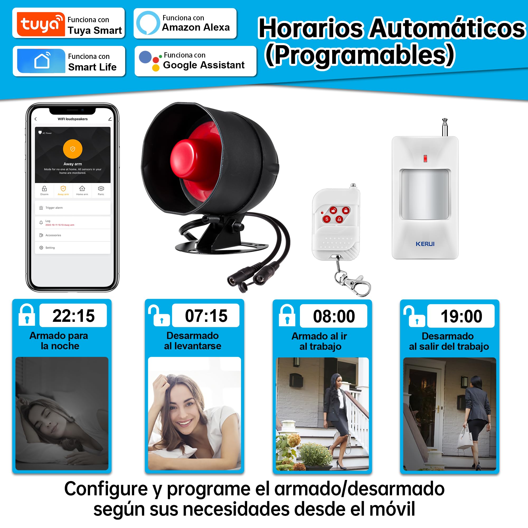Sistema de Alarma WiFi, Sistema de Alarma Inalámbrico de 120 dB para la Seguridad del Hogar con Sirena, 6*Sensores de Movimiento Gratuitos y Mando a Distancia para Cobertizo y Garaje