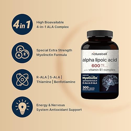 Miniatura 3 de NatureBell Complejo de Ácido Alfa Lipoico, 600mg, 300 Cápsulas | Fórmula Myelinctin 4-en-1 con R-ALA, S-ALA, Tiamina y Benfotiamina | Alta Absorción