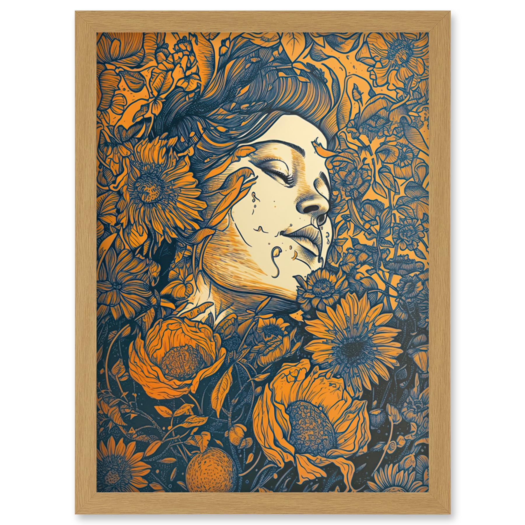 Artery8 Loving Spring Floral Boho Duotone Illustration Artwork Framed Wall Art Print A4