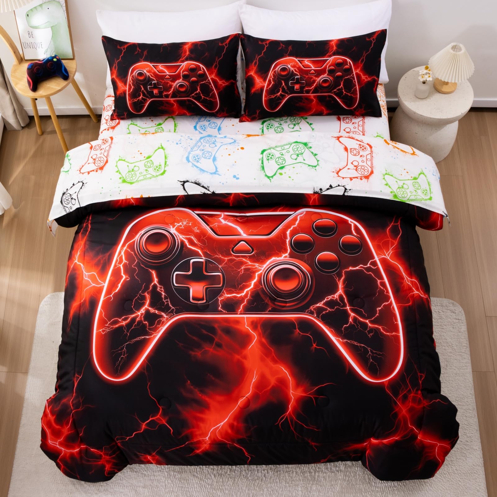 Meeting Story 5-Piece Boys Comforter Set Full Size Game Console Bedding Set for Kids Teen 3D Red Gamepad Gaming Bed in a Bag Matching Sheet Set(Red)