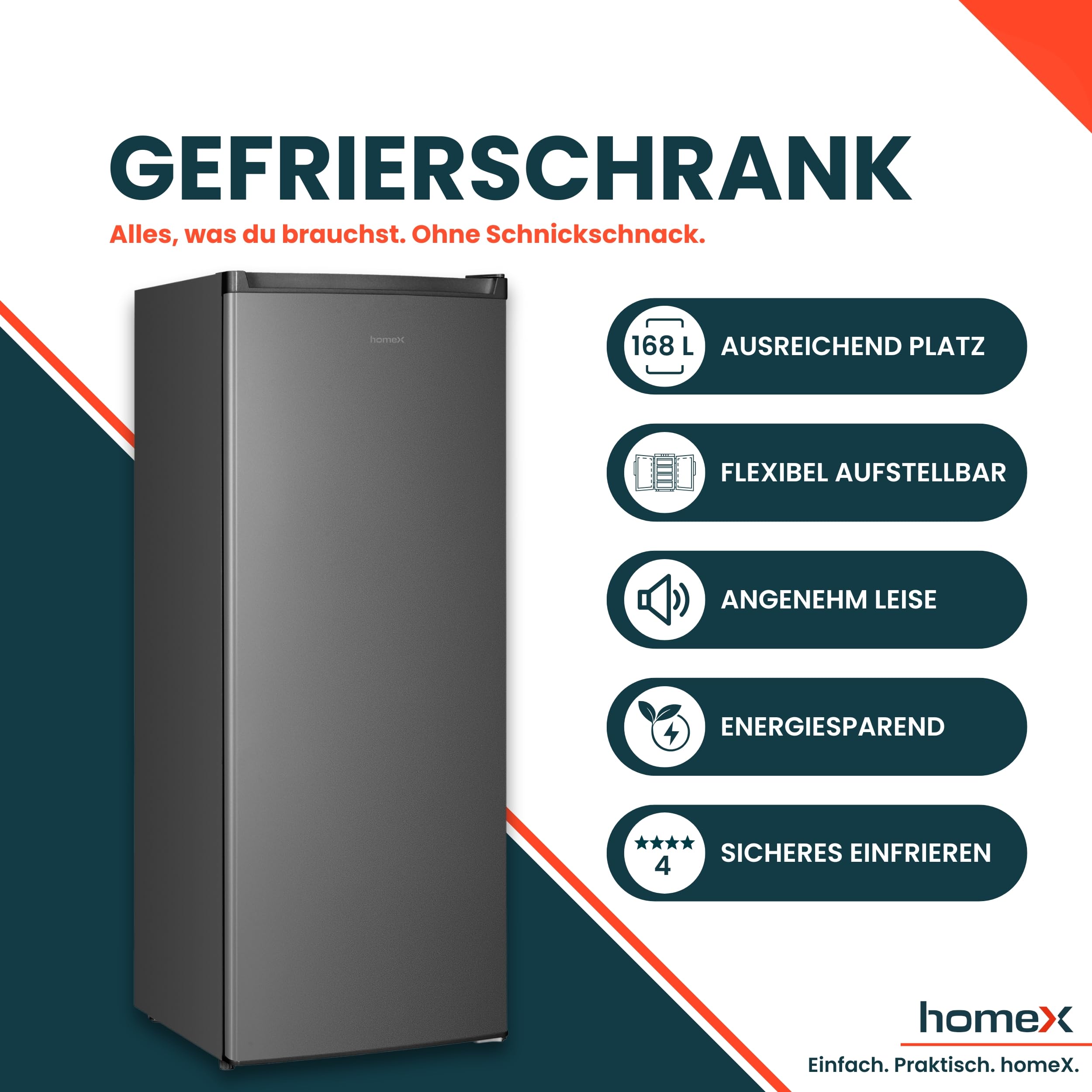 homeX FS1682E-S Gefrierschrank Tiefkühlschrank groß 168L Nutzinhalt silber | 4-Sterne Gefrieren, Freezer, Gefrierschränke freistehend, Temperaturregelung, wechselbarer Türanschlag, leise 37 dB