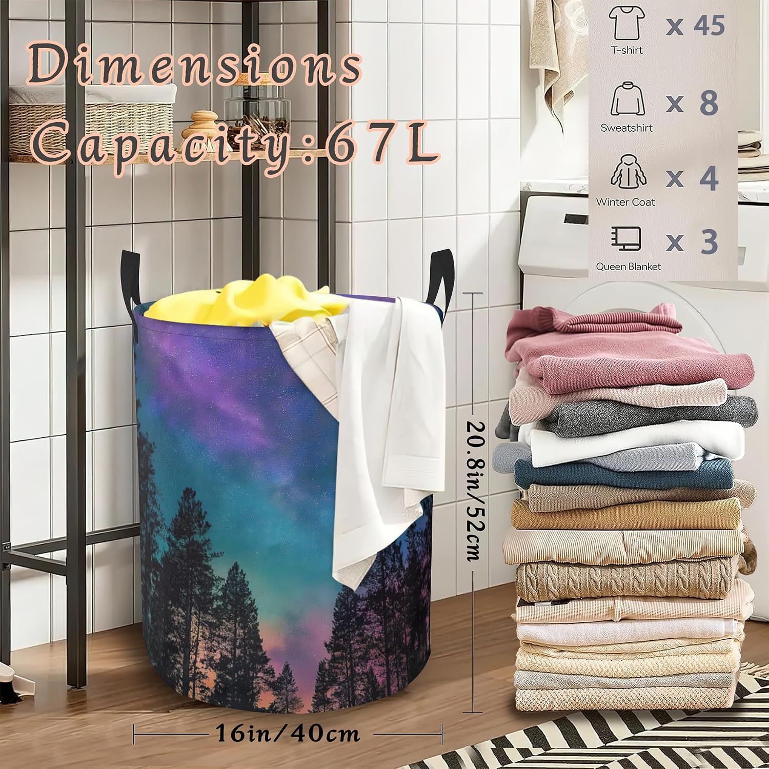 Aurora Forest Laundry Hamper,Collapsible Laundry Basket with Handles Waterproof Storage Bin for Clothes Books Organizer Basket for Bedroom Bathroom Dormitories 16" x 20.8"