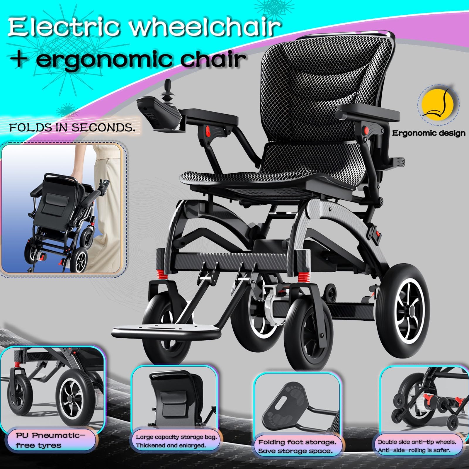 Silla de ruedas eléctrica portátil para adultos y personas mayores, ultraligera, plegable, silla de ruedas motorizada todo terreno de 500 W, altura de pierna ajustable, aprobada por aerolíneas