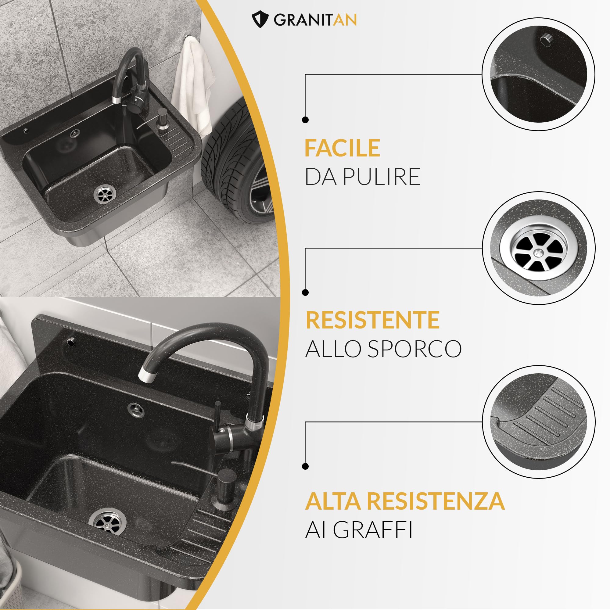 GRANITAN Lavandino da Esterno Moderno per Garage e Lavanderia - Lavatoio per Installazione Interna ed Esterna - Pilozzo da Esterno Giardino - 50x34x31 cm - (Grigio + Rubinetto del Lavello FLEX)