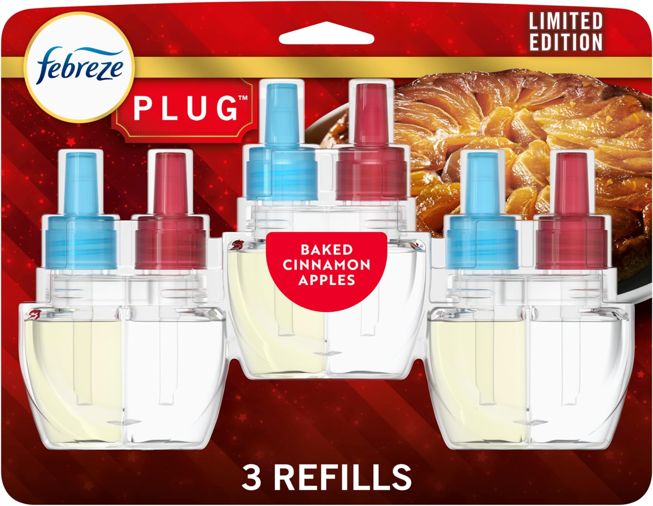 Febreze Plug In Air Freshener, Odor-Fighting Scented Oil Refill, Air Fresheners for Home and Bathroom and Kitchen, Long Lasting for Strong Odors, Baked Cinnamon Apples Scent, 0.87oz Refills, 3 Count