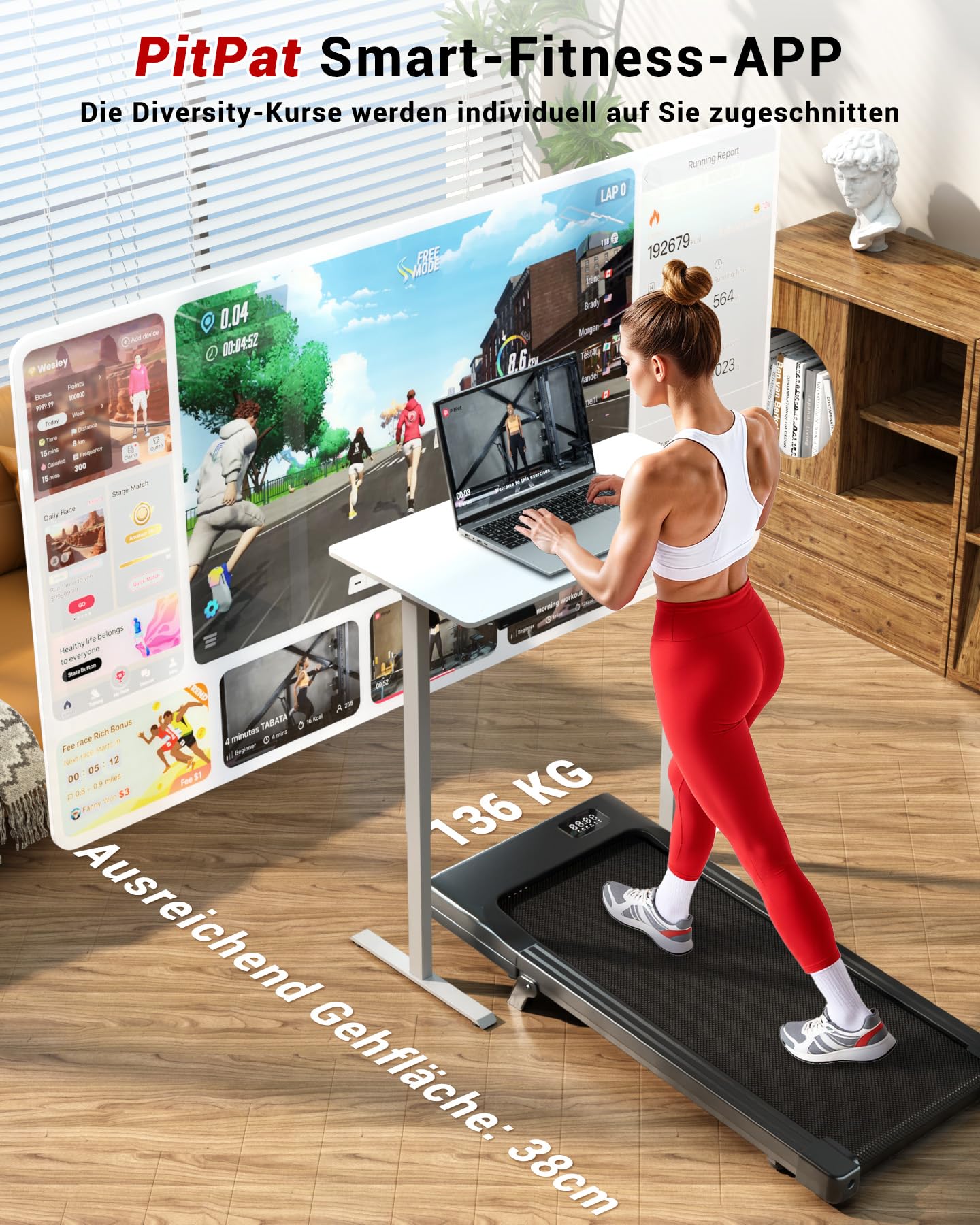 Superun Walking Pad mit Steigung 6%, Laufband für Zuhause mit App max 6km/h und 12km/h Version, Schreibtisch- Laufband bis 136 kg Belastbar mit Multiplayer-Rennen und Trainingskurse Erlebnis vor Ort
