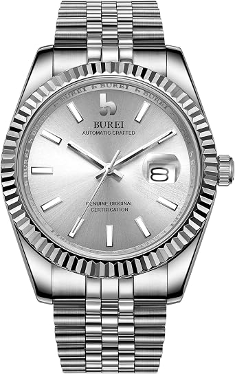 BUREI Mens Luxury Automatic Watches 24 quadrante analogico con datario in  vetro zaffiro con cinturino in acciaio inossidabile : Amazon.it: Orologi
