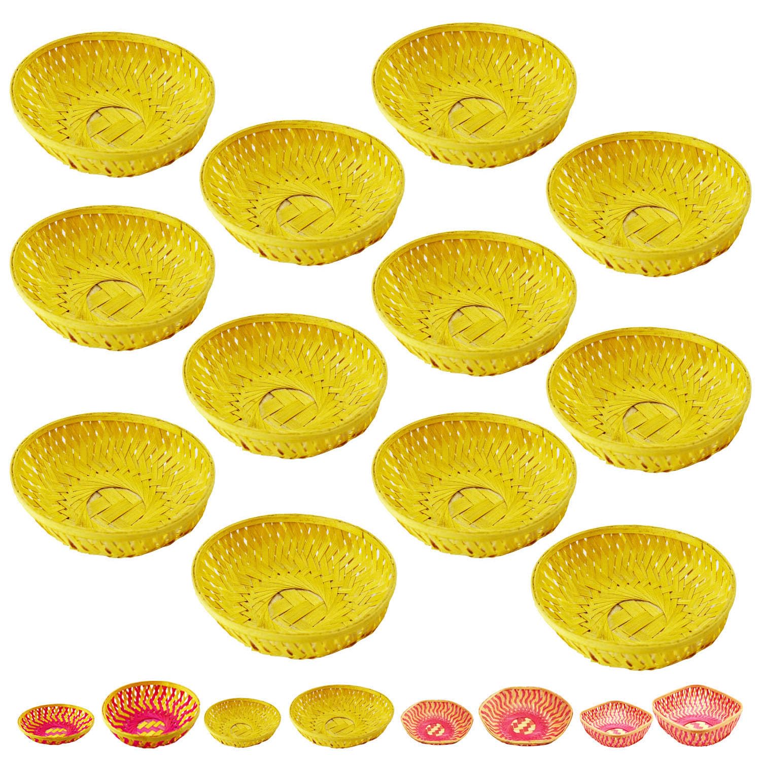 SAI BALAJI Natural Bamboo Round Baskets – Pack of 12 (Brown, 24 x 24 x 8 cm) | Handwoven Bamboo Trays for Hampers, Festive Gifting, Home Decor, Storage & Return Gifts BG.-image-44