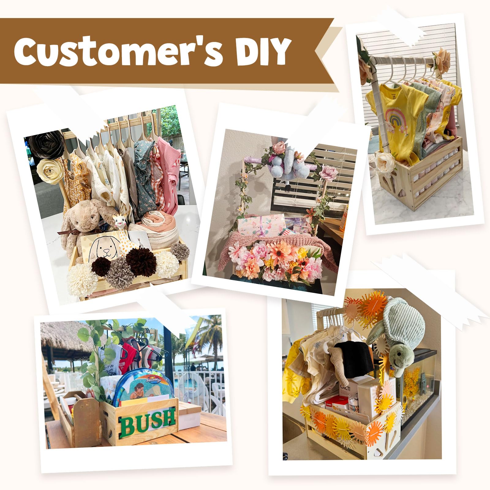 Holz Baby Geschenk Korb mit Griff, Kinder Kleiderbügel und Girlande, Holz Babyparty Schrank, Baby Aufbewahrungskorb,Personalisierte Baby Korb für Schwangere Neue Eltern(Holzfarbe)