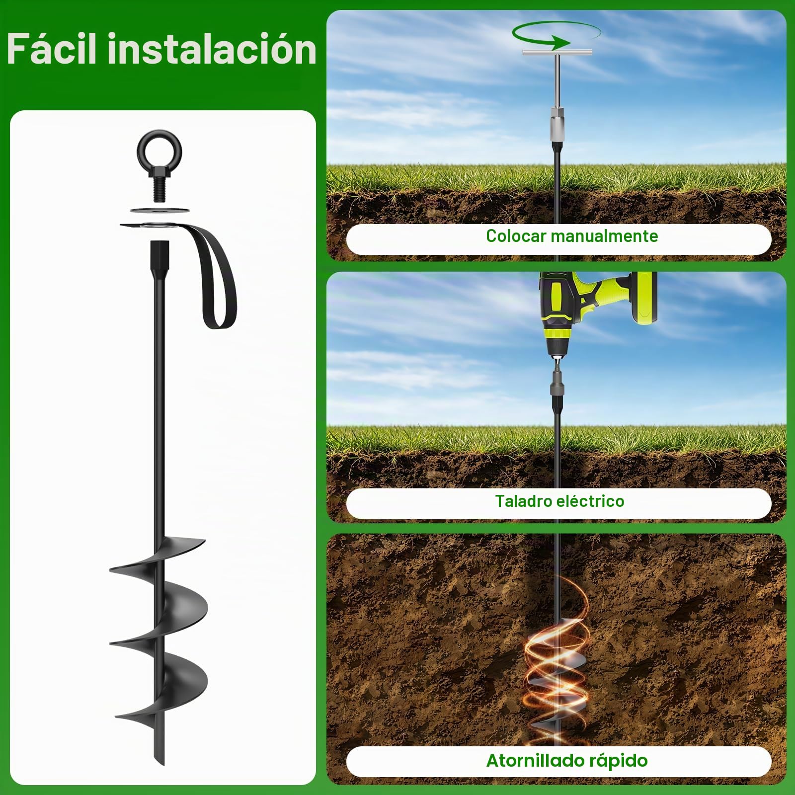Anclaje de Tierra Resistente de Acero Inoxidable 45cm 4 Unidades | Estacas de Tornillo con Correas y Herramienta de Montaje, Trampolín Tienda Pérgola Carport Columpio, Fijación Antiviento