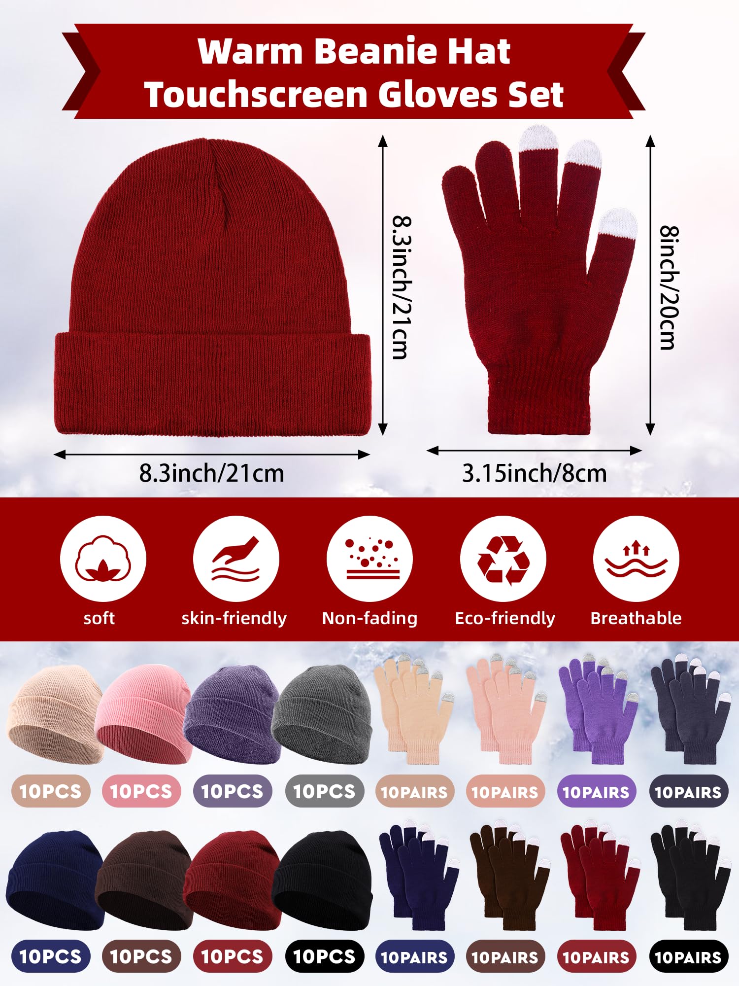 Suhine 160-teiliges Wintermützen-Handschuh-Set, Strickmützen, Winterhandschuhe, warm, Unisex, Totenkopfmützen, Handschuh-Set für Damen