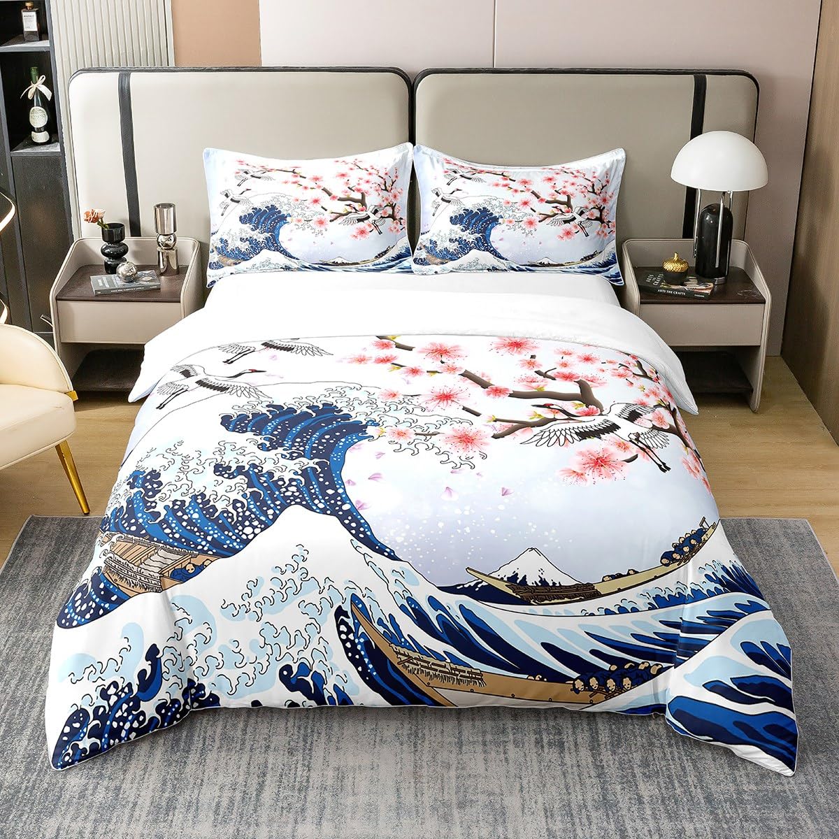 Homemissing Fleur de Cerisier Parure de lit 200x200cm 100% Coton Chic Crane Housse de Couette 100% Coton Enfants Vagues décoration Rose Ukiyo - e Japonais thème Ensemble avec 2 taies d'oreiller,