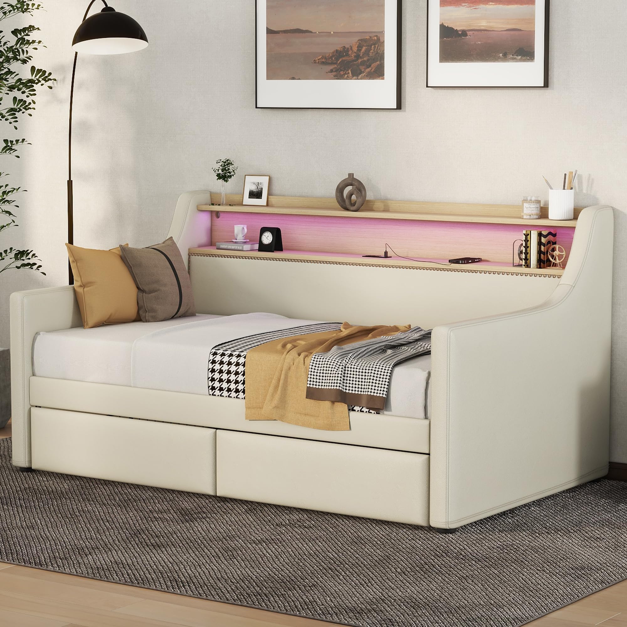 Upholstered Daybed Twin Size with Storage Drawers,Wooden Daybed with Charging Station and LED Lights, PU Leather Daybed Sofa Bed with Slat Support for Bedroom,Living Room, Beige