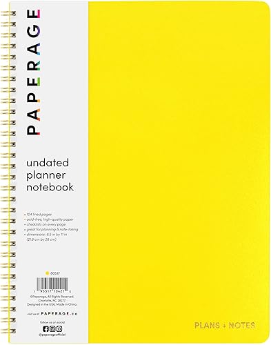 PAPERAGE Agenda diaria sin fecha (amarillo), 8.5 x 11 pulgadas, lista de tareas y planificador de horarios encuadernados en espiral, 104 páginas