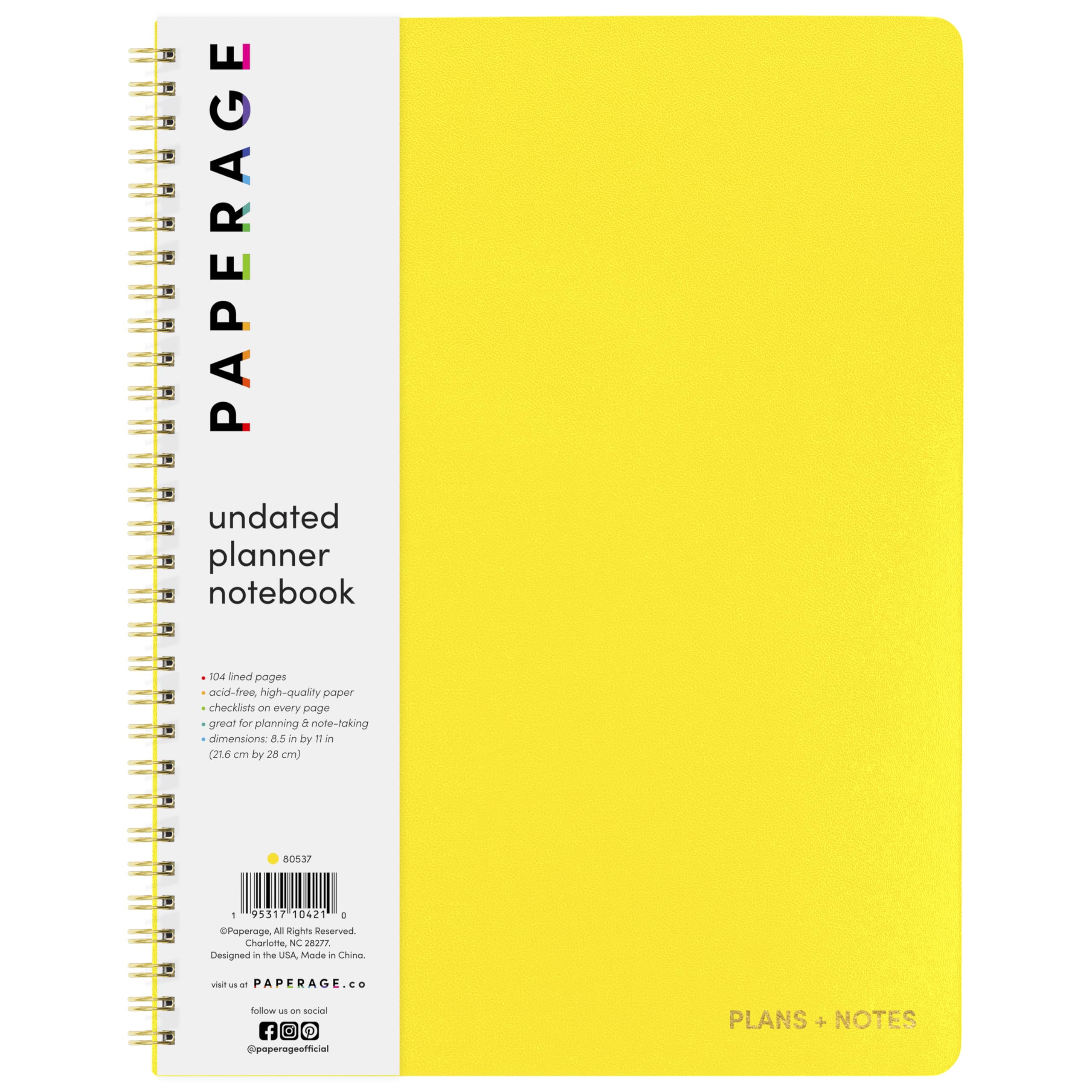 PAPERAGE Undated Daily Planner Notebook (Yellow), 8.5 in x 11 in, Spiral Bound To Do List & Schedule Planner, 104 Lined Pages for Plans & Notes