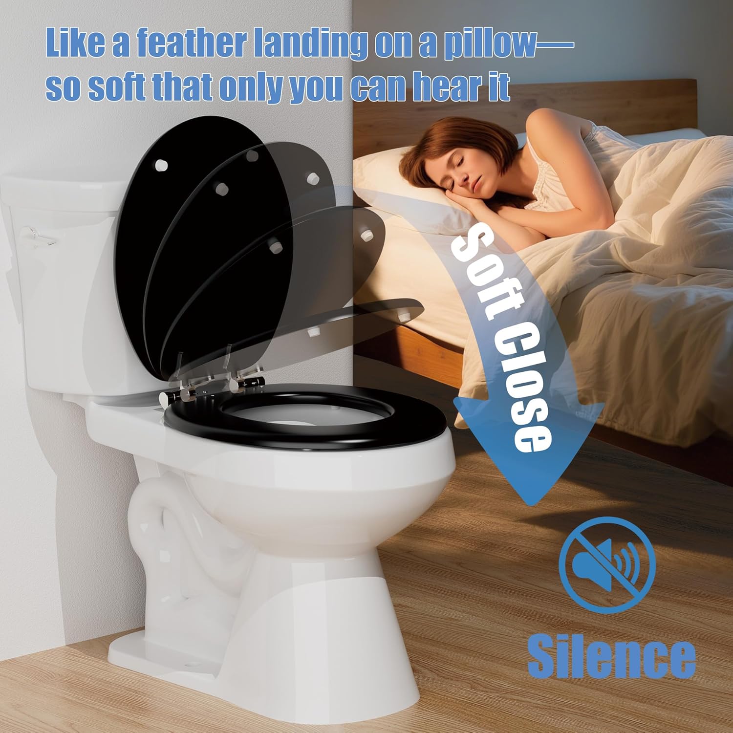 round toilet seat slow close, wood black toilet seat for baked enamel process, heavy duty toilet seat soft close round, wood black toilet lid with zinc alloy hinges, easy clean, quick-assembled round 16.5" soft close hinge